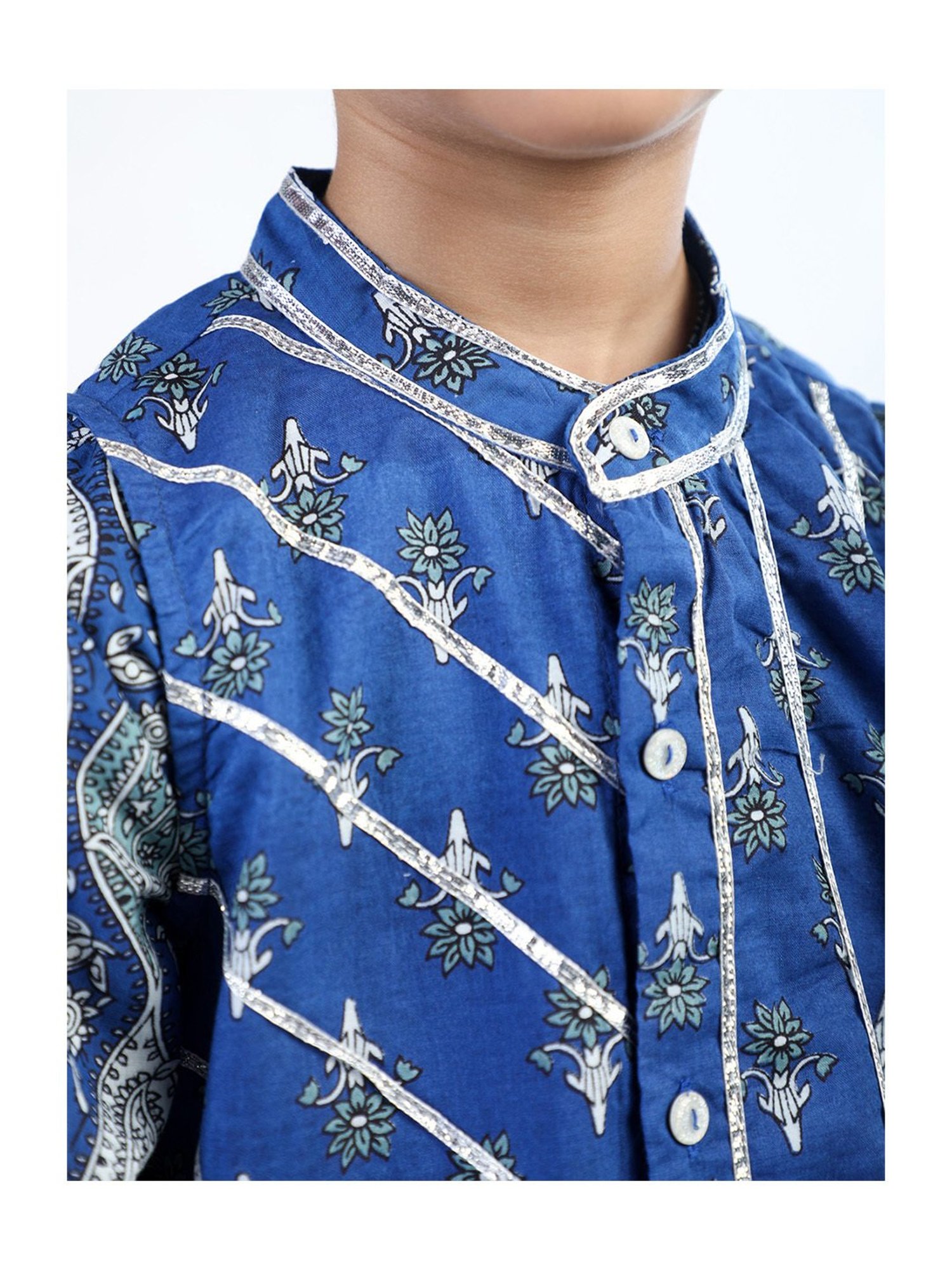 Budding Bees Kids Blue & White Printed Full Sleeves Kurta, Jacket, Pants with Wallet