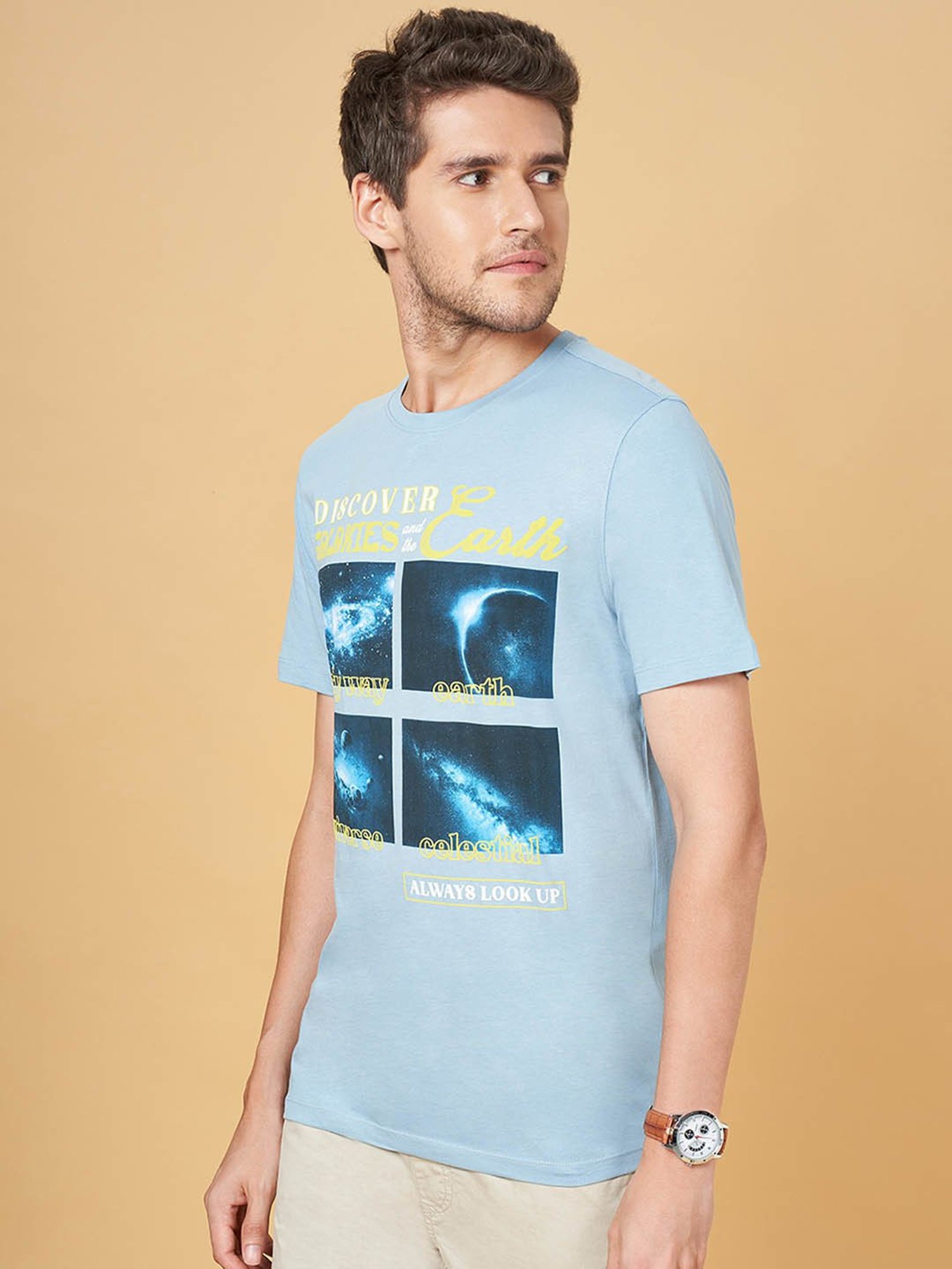 Urban Ranger by Pantaloons Powder Blue Cotton Slim Fit Printed T-Shirt