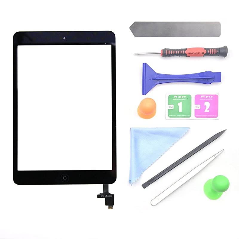 Black iPad Mini 1 or 2 Touch Screen Digitizer Complete Assembly with IC Chip Home Button Replacement with Tool kit Chips