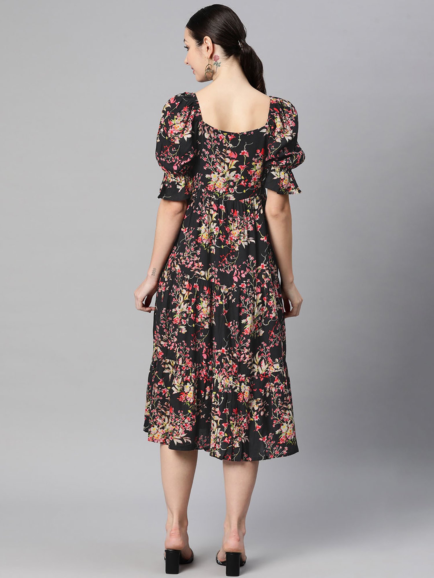 Indibelle Black Floral Ethnic Dress
