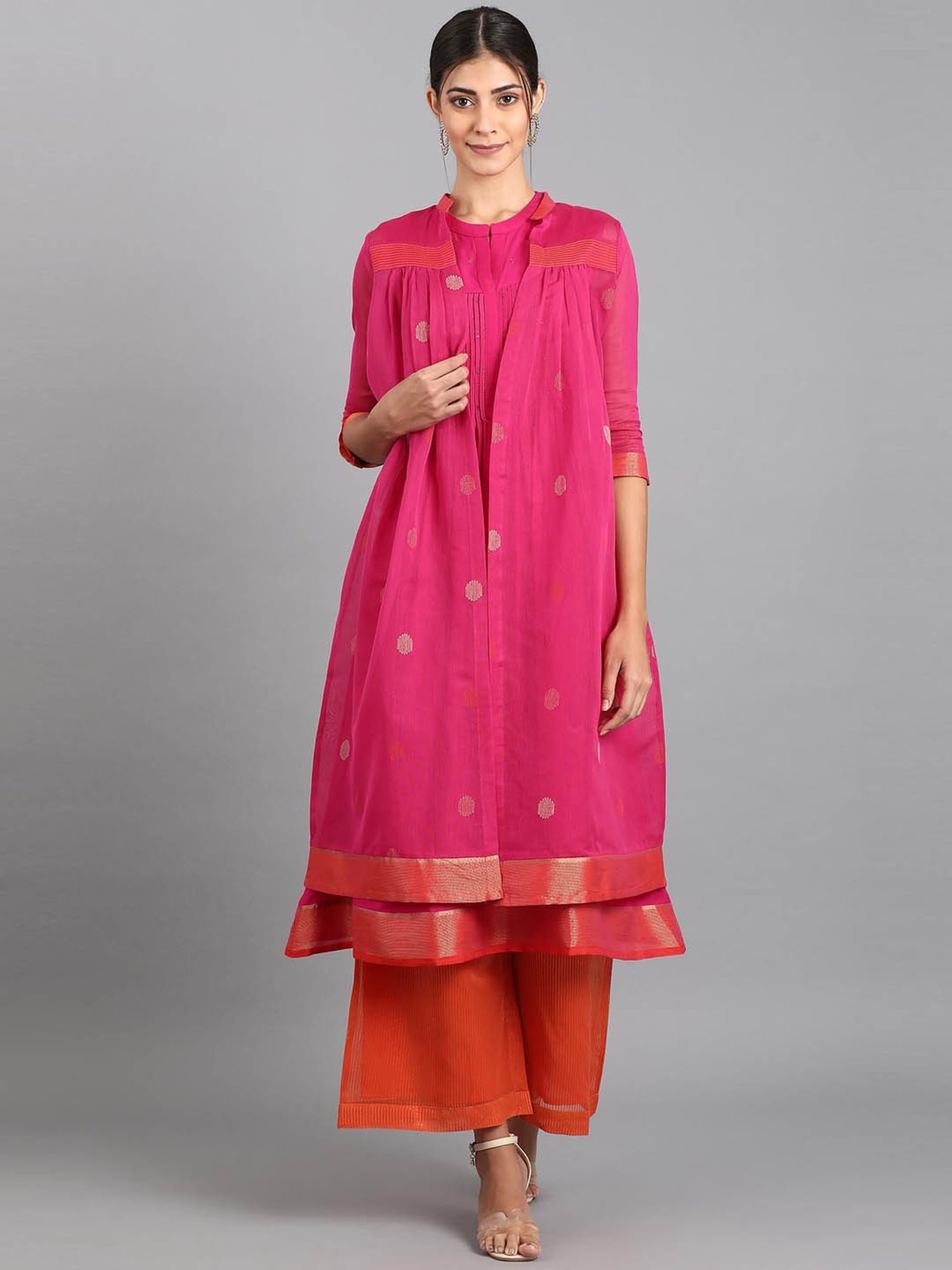 W Pink & Orange Solid Kurti Palazzo Set With Jacket