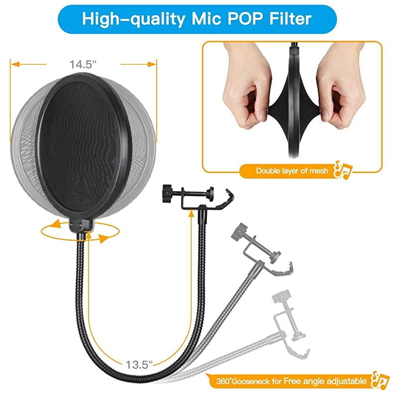 Microphone Suspension Scissor Boom Bracket Stand with Pop Filter and Mic Holder 58Screw for Blue Yeti Snowball Spark Yeti x and All Other Microphones