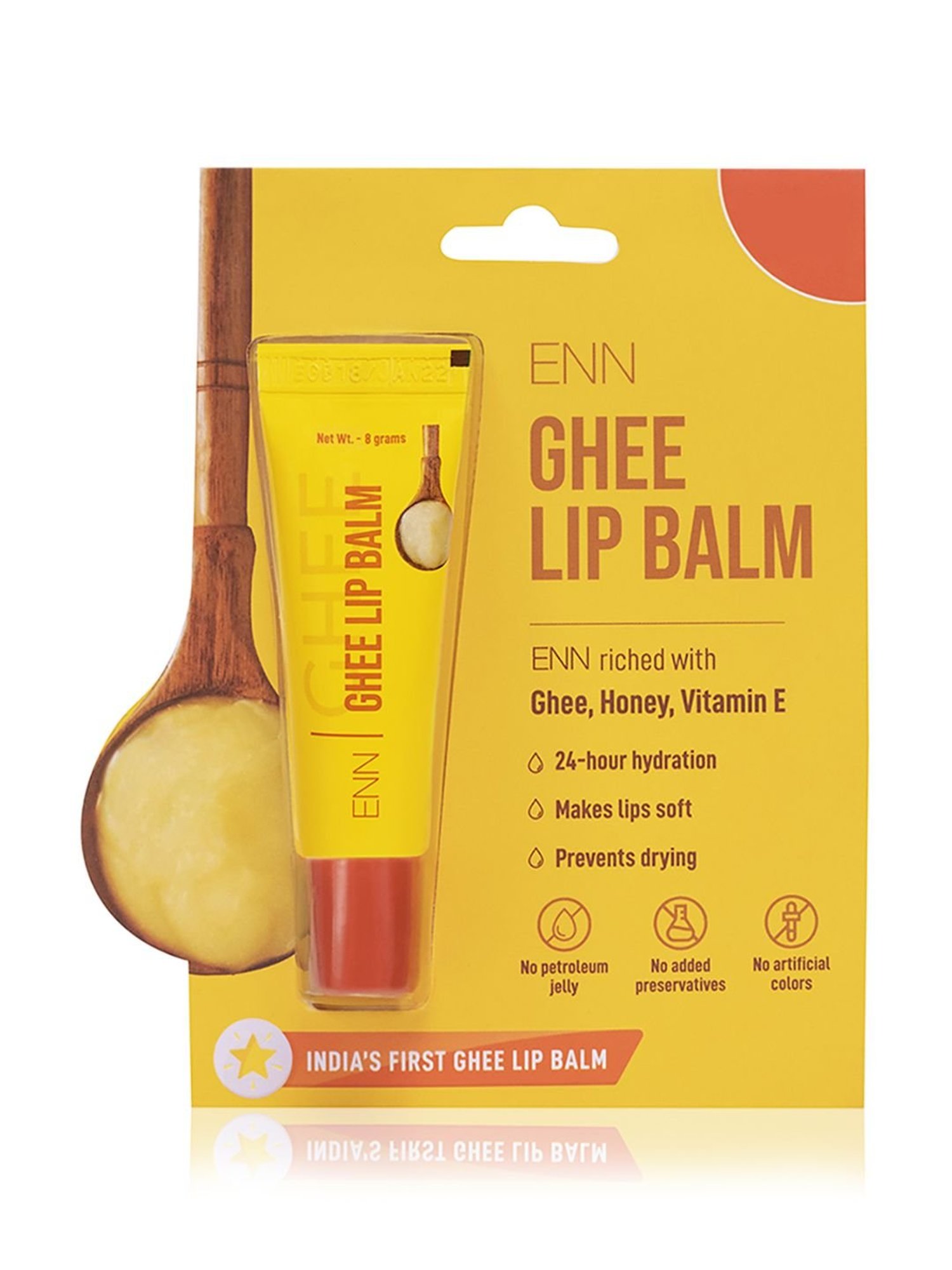 ENN Ghee Lip Balm with Honey & Vitamin E, 24 hours hydration, Soft lips, Prevents Drying - 8 gm