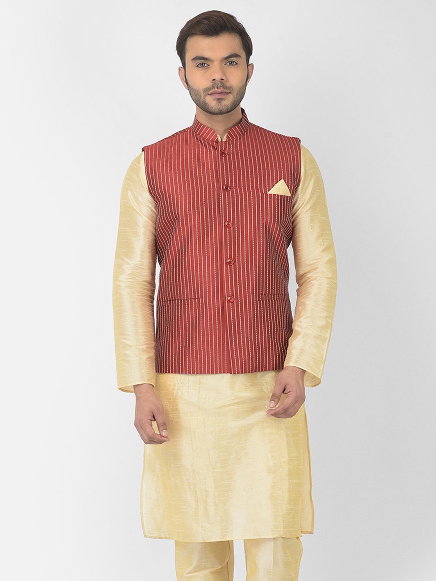 Deyann Red & Yellow Regular Fit Striped Kurta Set With Jacket