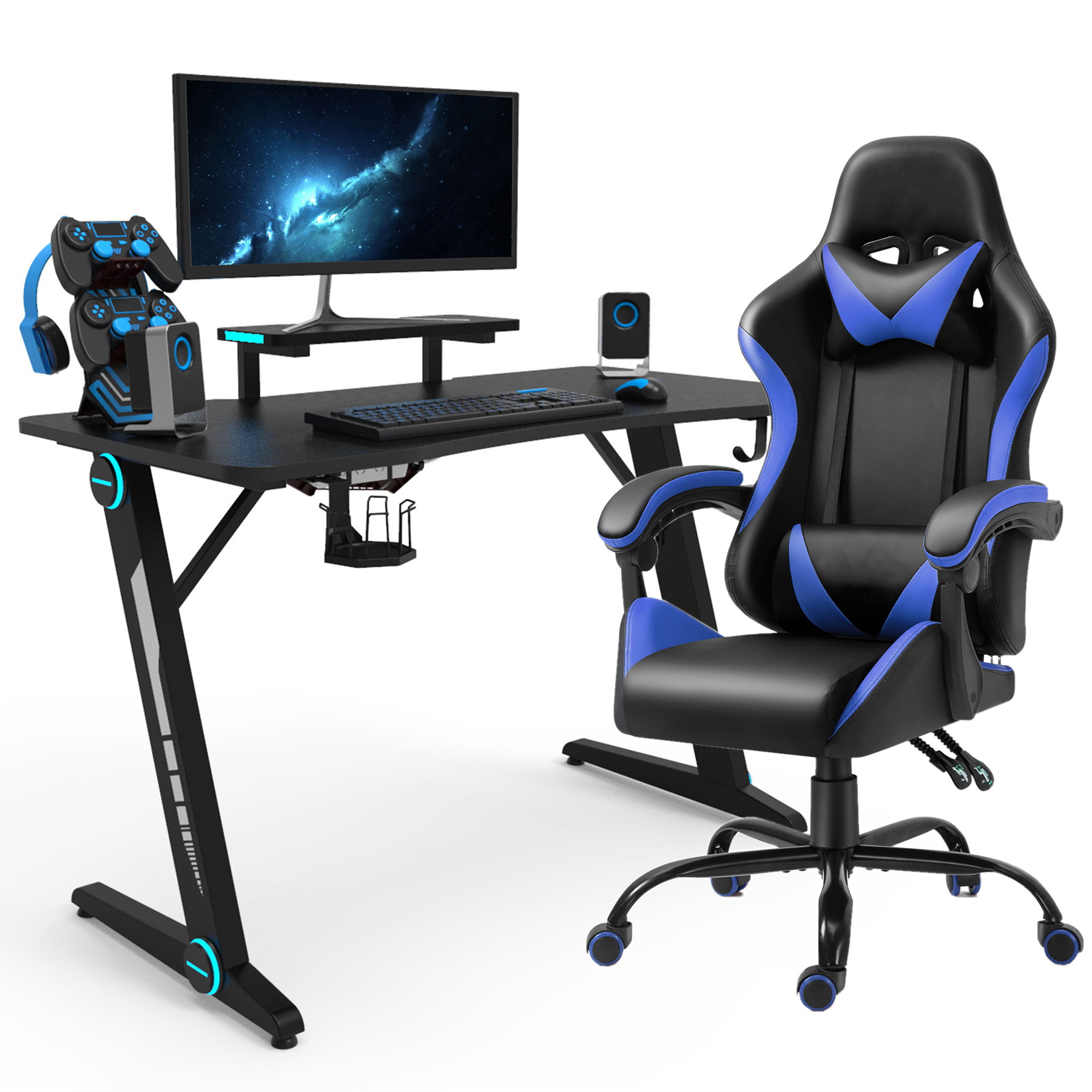 47.2 Inch Z-Shaped Gaming Desk with Ergonomic PU Leather Gaming  Chair Home Office Desk and Chair Set Gamer Workstation with Monitor Stand Carbon Fiber Surface Gamer Table with RGB Lights and Cup Hold