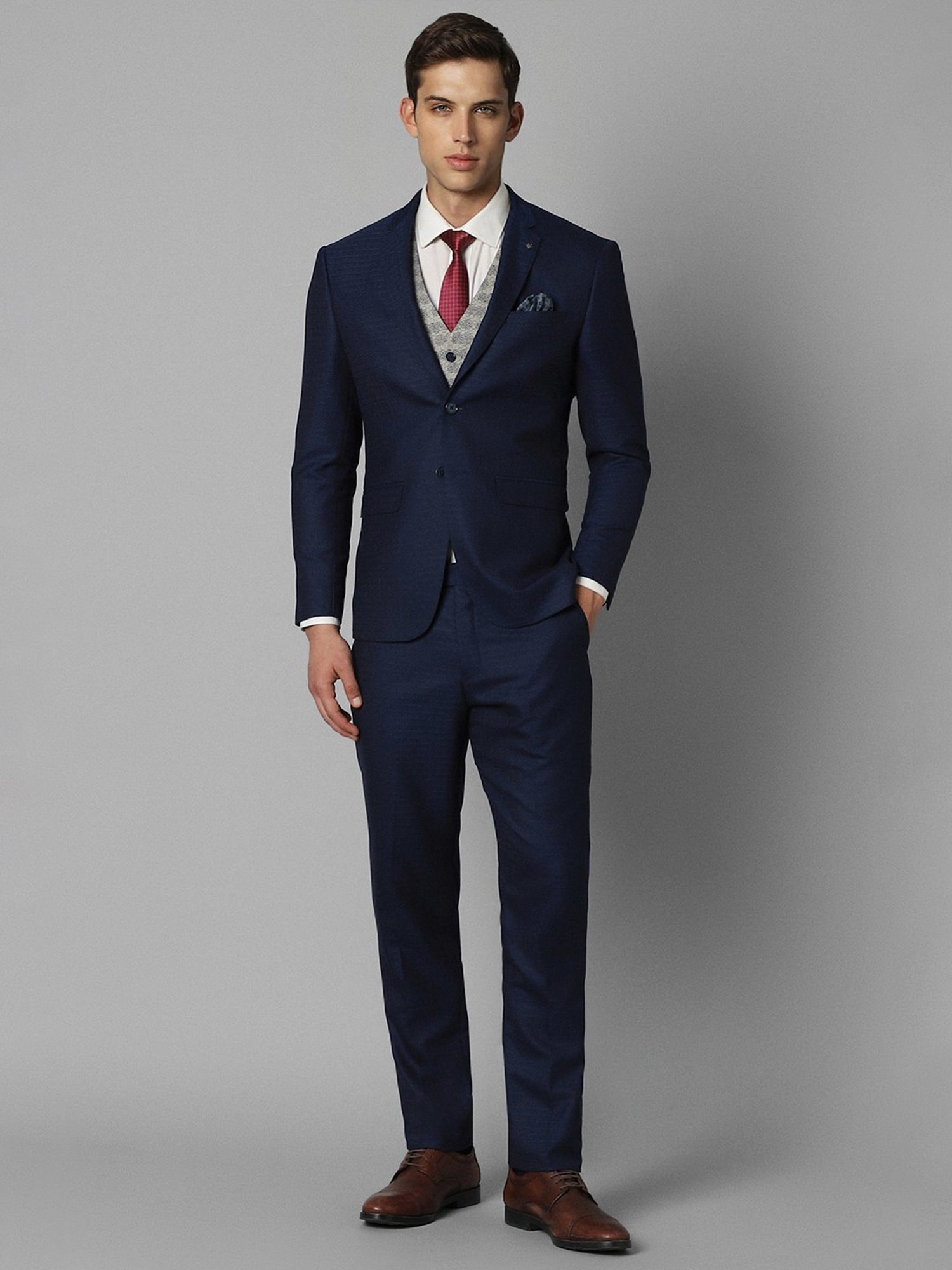 Louis Philippe Navy Slim Fit Printed Three Piece Suit
