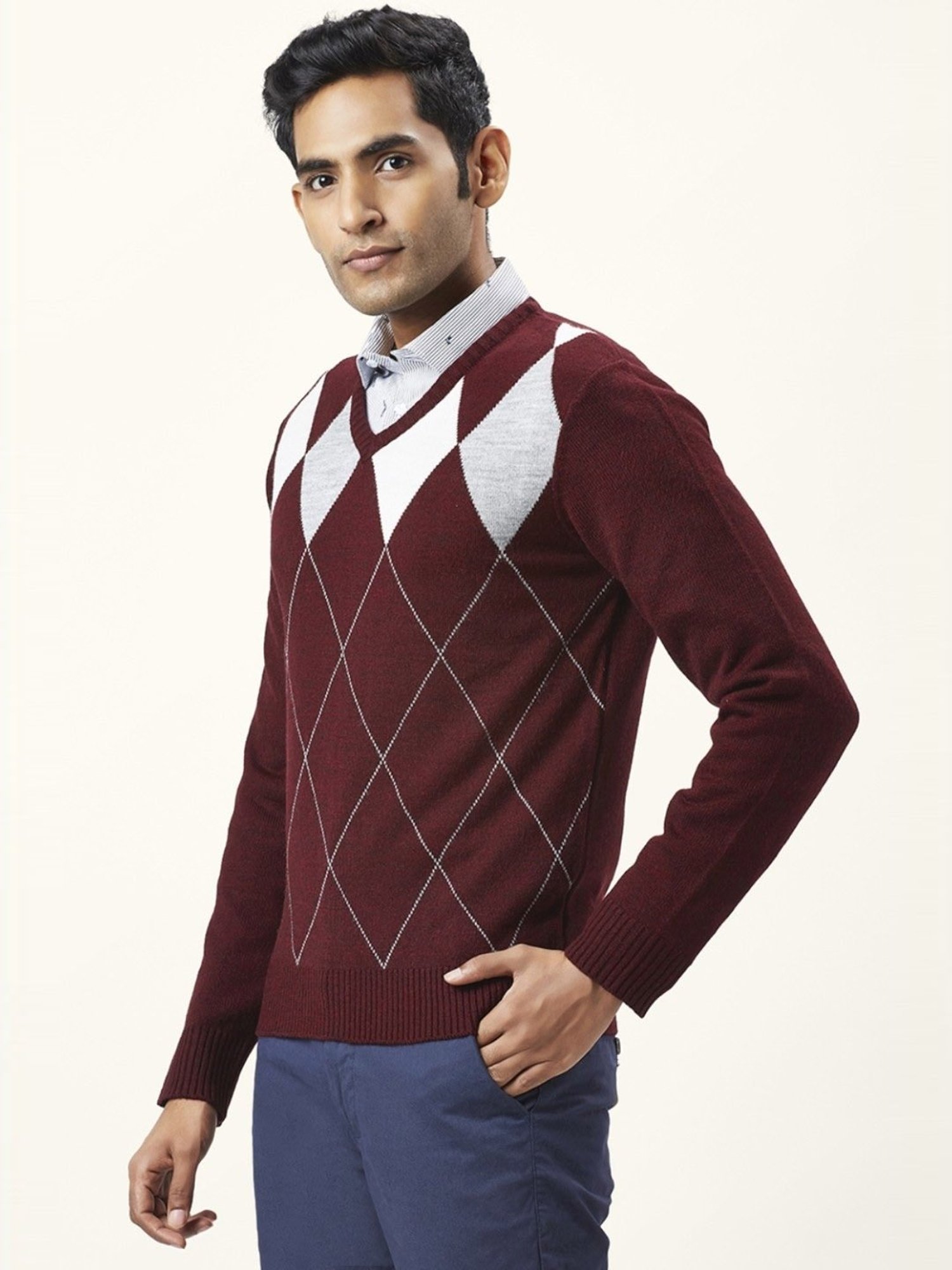 Byford By Pantaloons Maroon Regular Fit Printed Sweaters