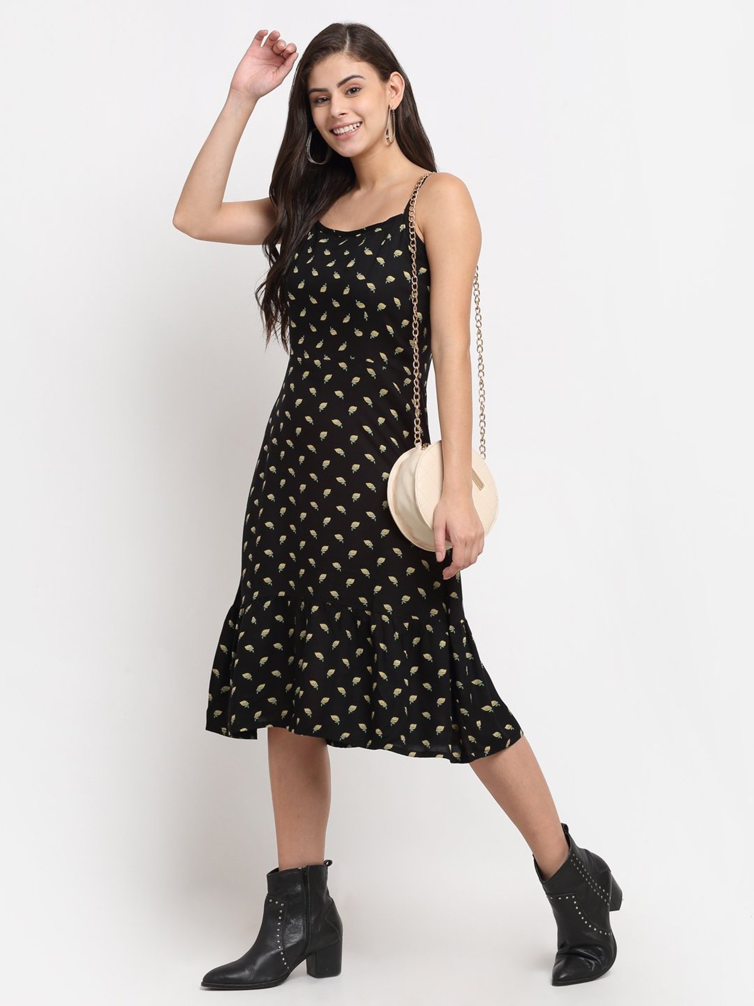 BRINNS Black Floral Print Midi A Line Dress