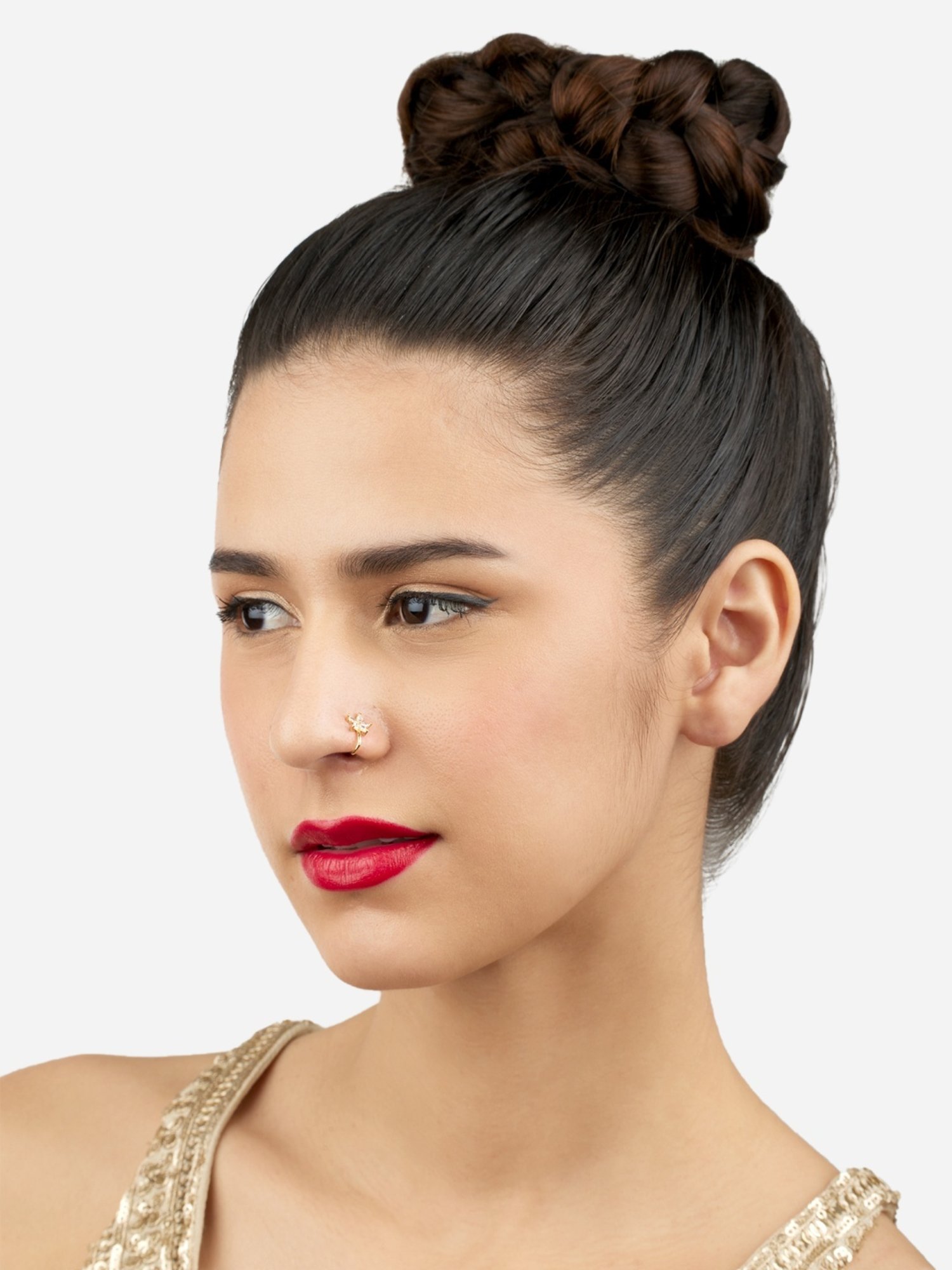 Zaveri Pearls Gold Tone Cubic Zirconia Flower Contemporary Brass Clip On Nose Pin-ZPFK17174