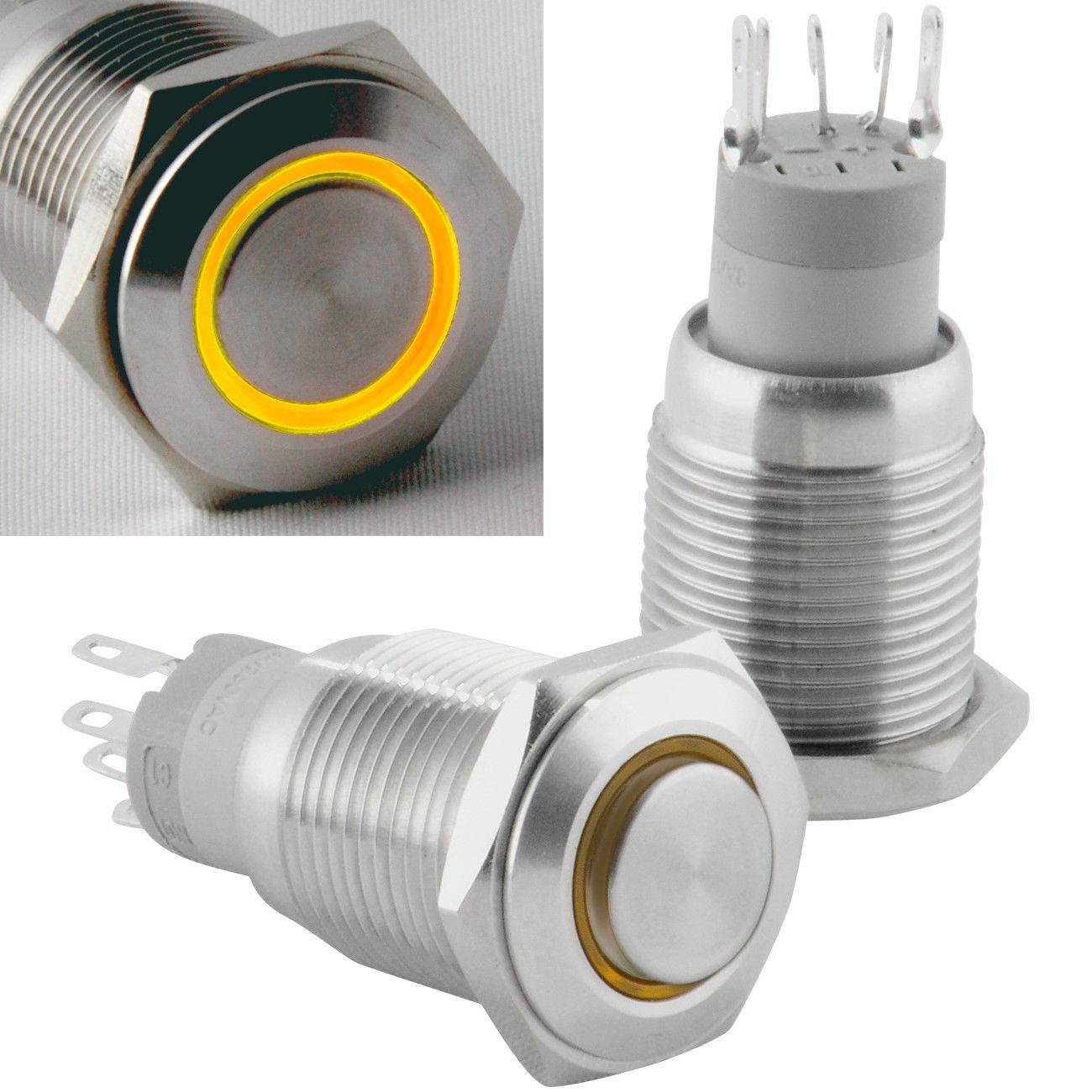 16mm Stainless Steel Momentary Push Button Switch with Yellow LED
