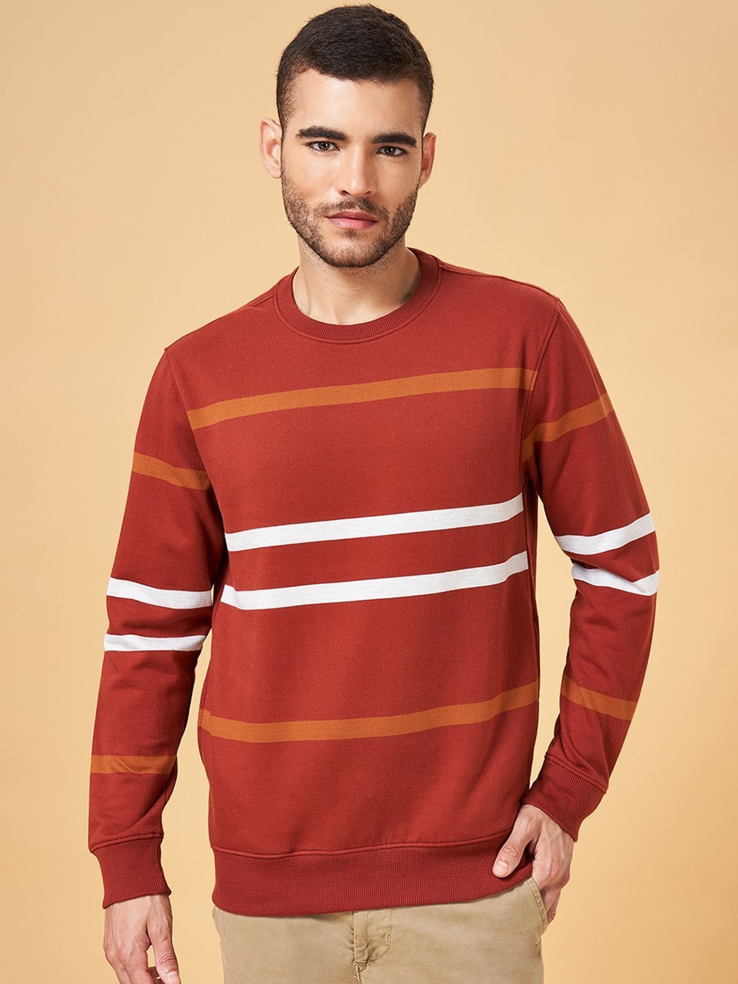 Urban Ranger by Pantaloons Mid Rust Regular Fit Striped Sweatshirt