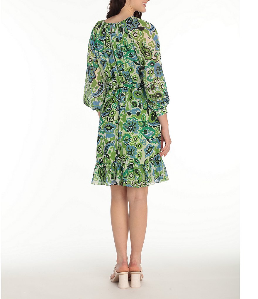 Maggy London Paisley Print Ruffle Hem 3/4 Sleeve Crew Neck Dress