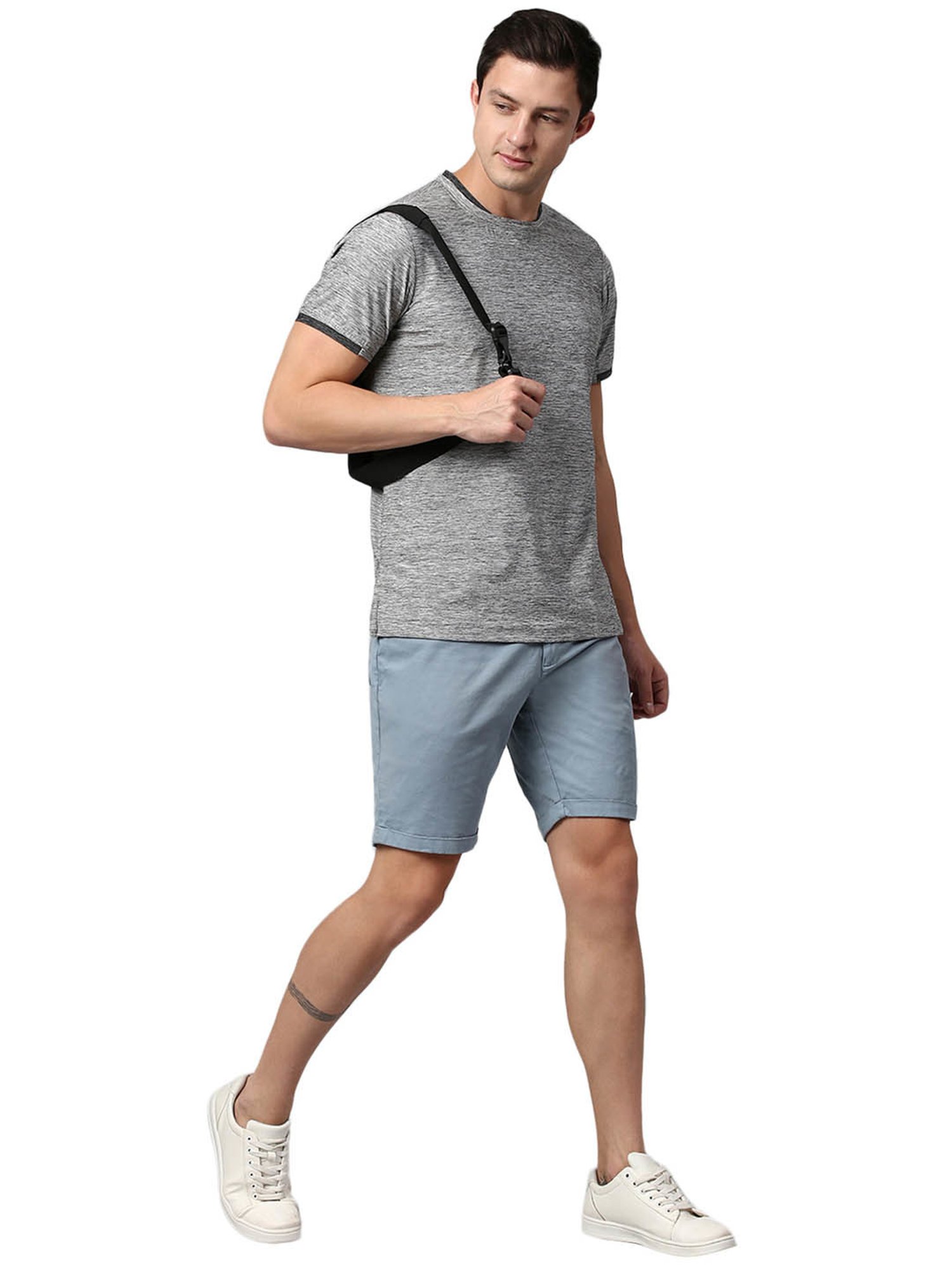 Slowave Grey Regular Fit Self Design T-Shirt