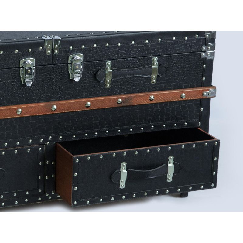 Vintiquewise Black Crocodile Leather Coffee End Table and Wine Bar Trunk with Sliding Top and Drawers