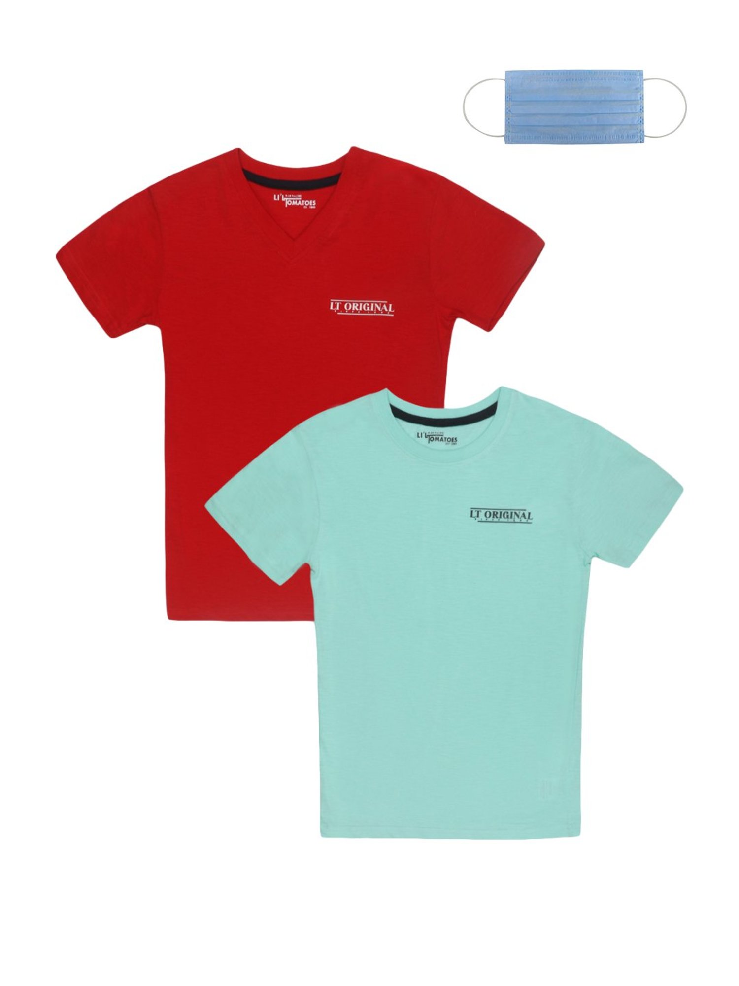 Li'l Tomatoes Kids Sea Green & Red Cotton T-Shirts & Mask - Pack of 2