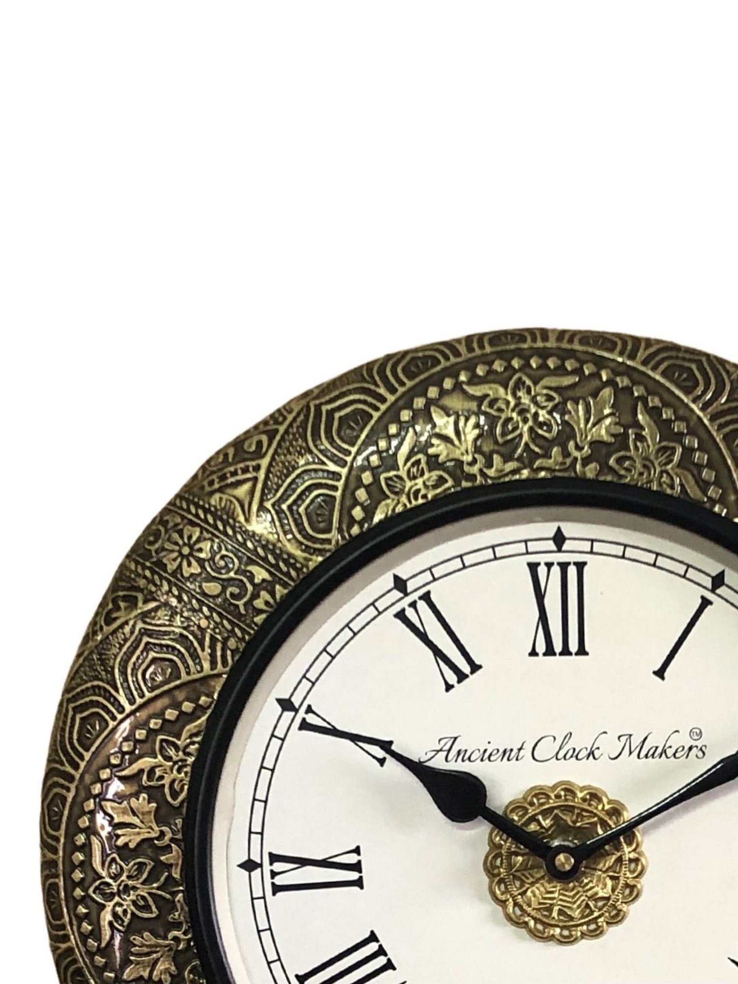 Ancient Clock Makers Round Brass & Black Wood Wall Clock