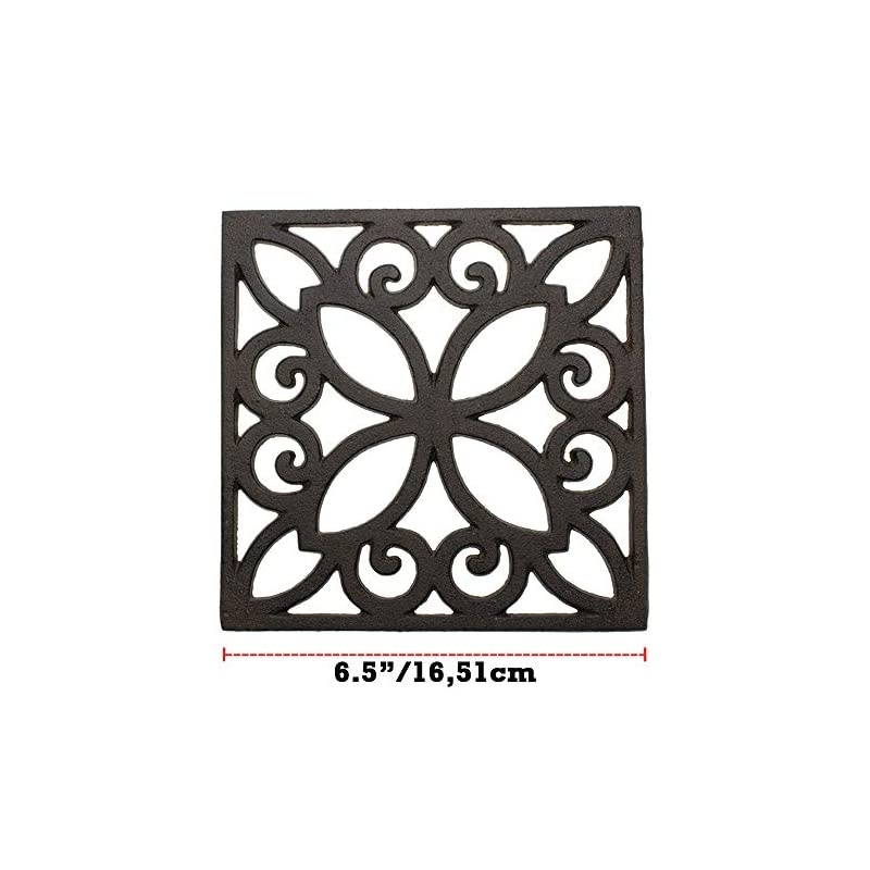Decorative Cast Iron Trivet for Kitchen Or Dining Table | Square with Vintage Pattern - 6.5 x 6.5 | with Rubber Pegs/Feet - Recycled Metal - Vintage, Rustic Design - Rust Brown Color