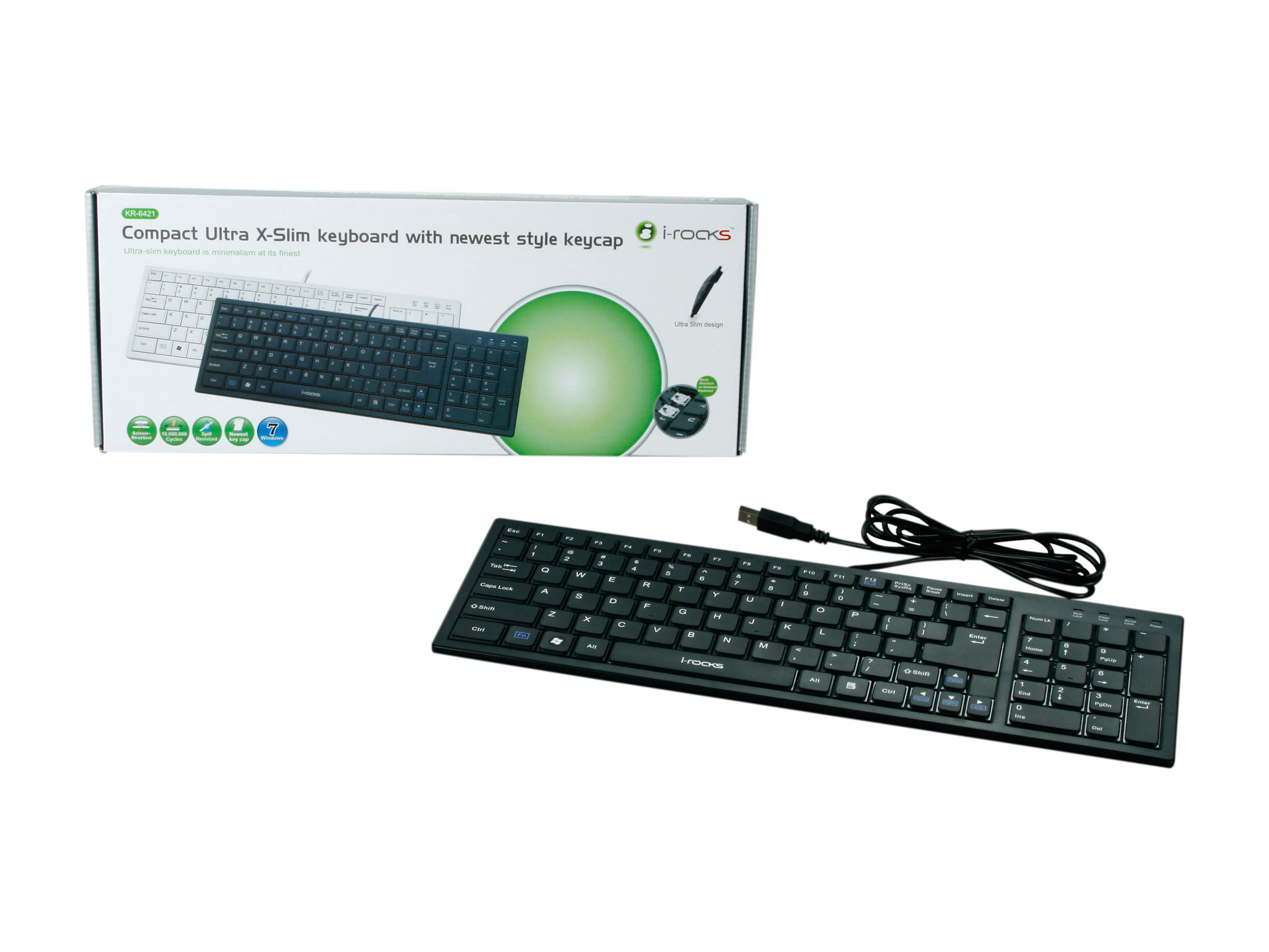 i-rocks KR-6421-BK Black Wired Ultra X-Slim Keyboard with Terrace Keycap