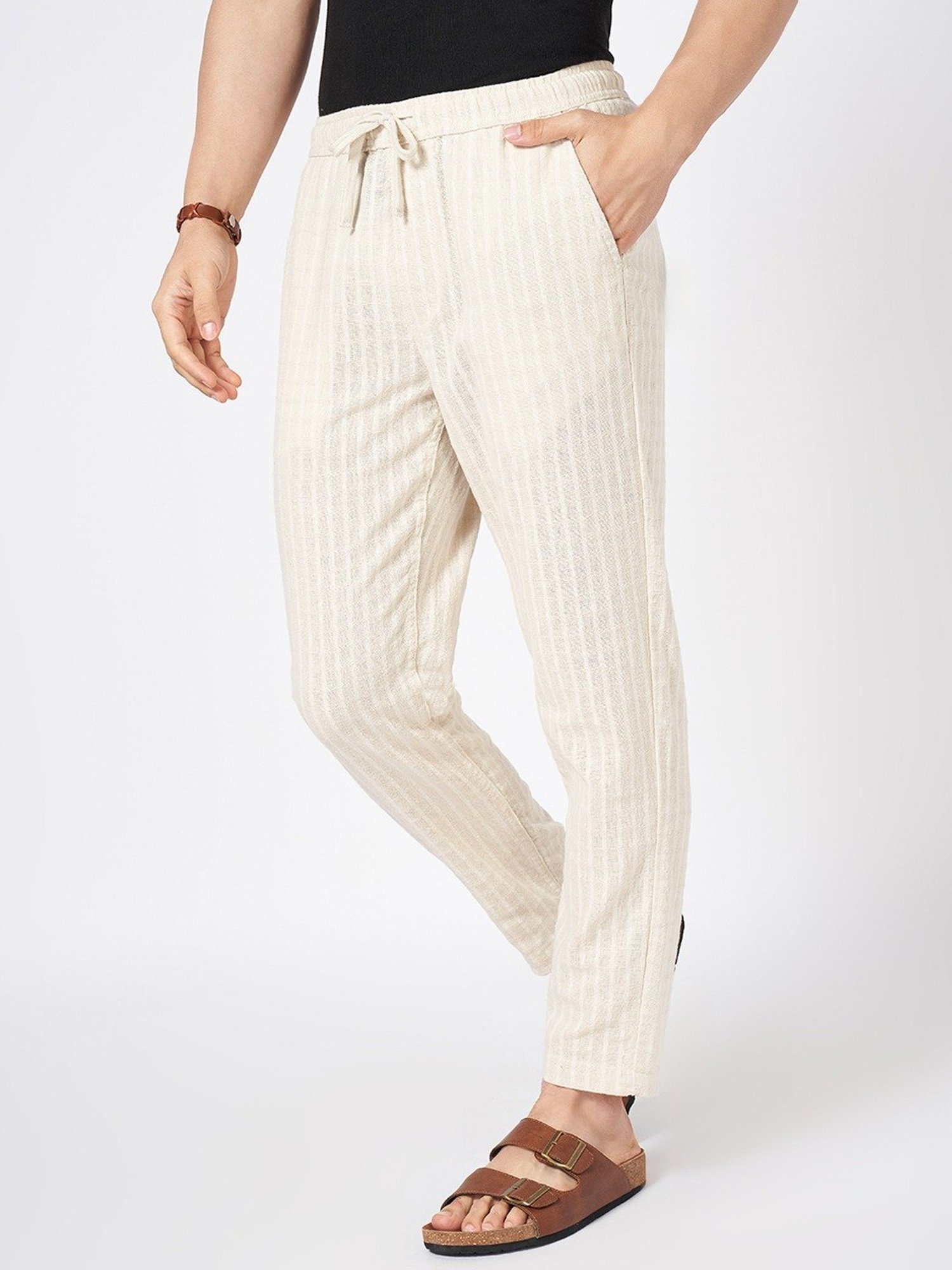 7 Alt By Pantaloons Off White Cotton Relaxed Fit Trousers