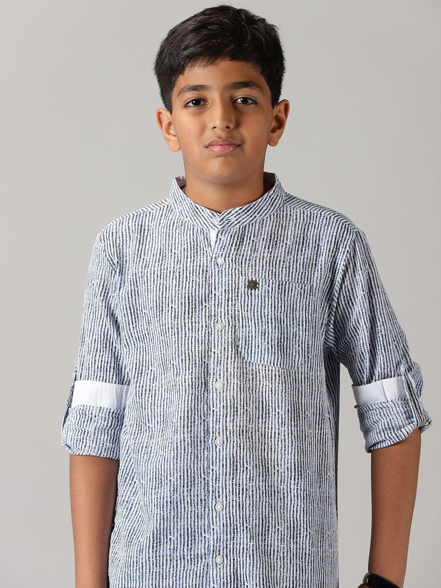 Kiddopanti Kids White & Blue Striped Full Sleeves Shirt