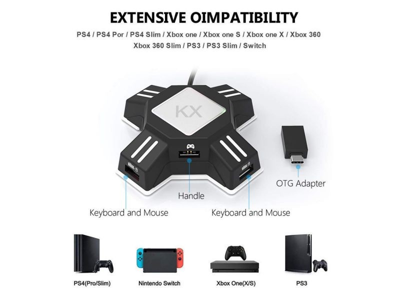 KX Adapter Game Controllers to Gaming Keyboard Mouse Converter adapter Plug and Play for Nintendo Switch Xbox One X/S Xbox 360 PS4 PS3