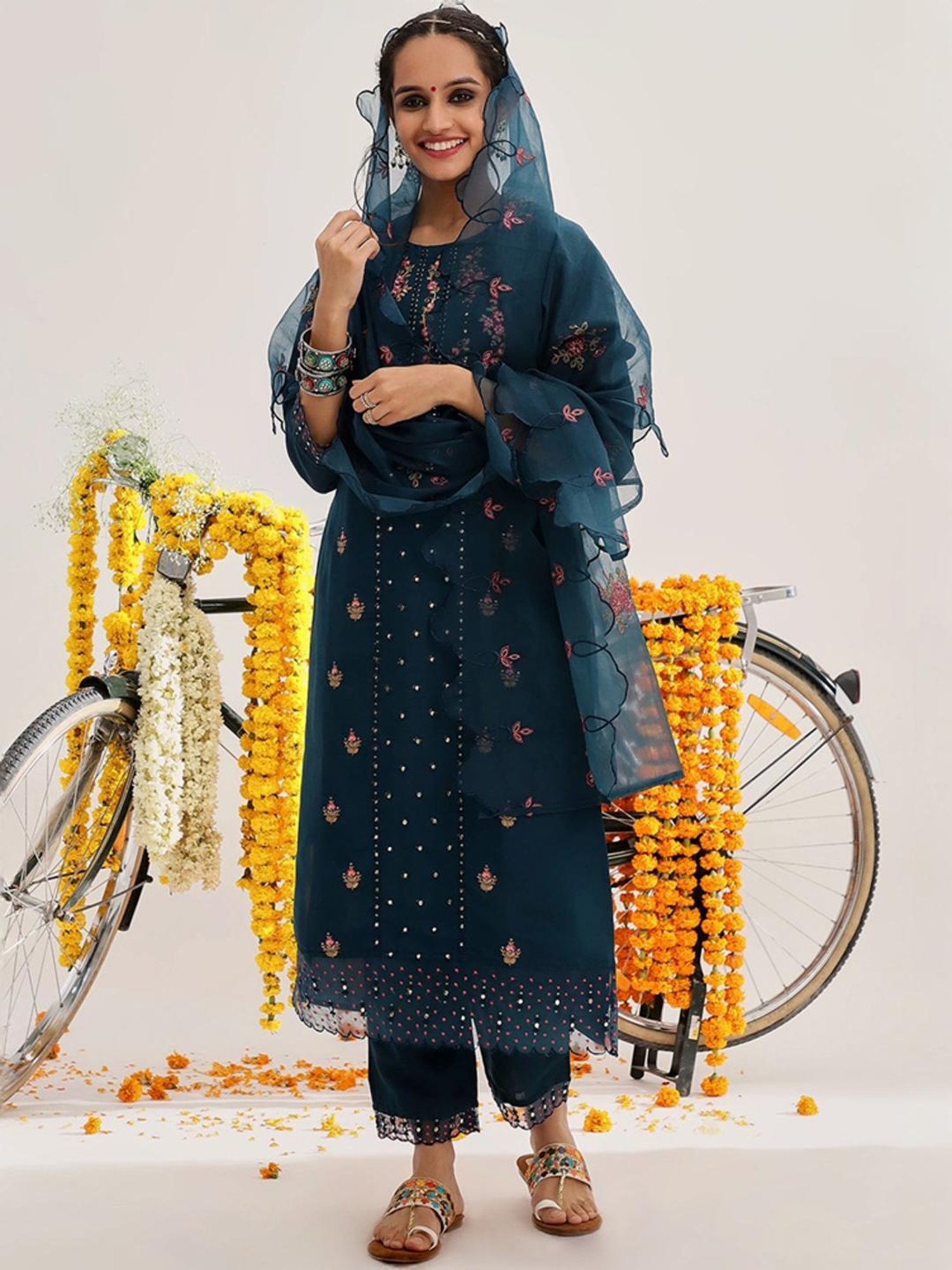 Varanga Teal Blue Embroidered Kurta Pant Set With Dupatta