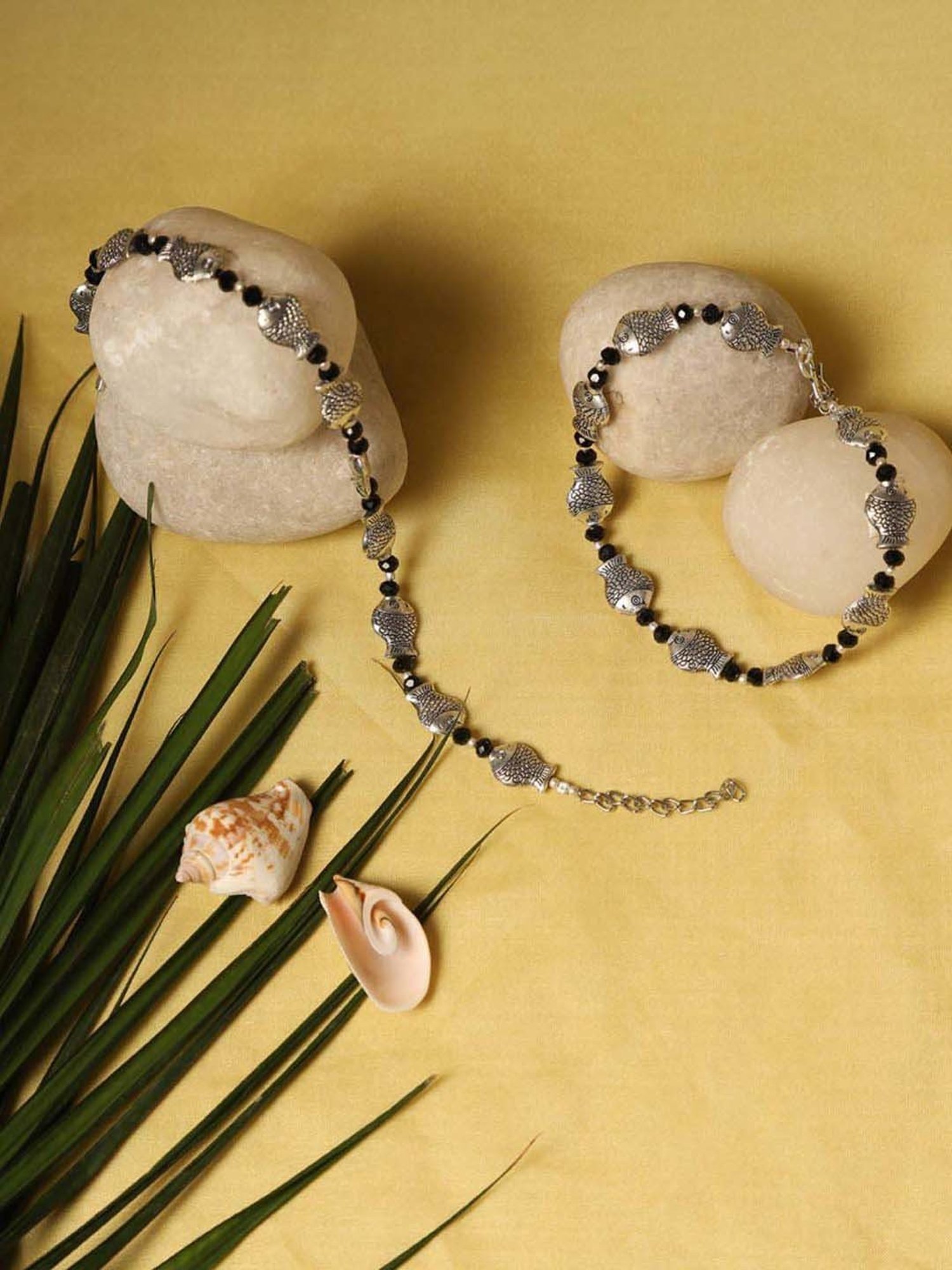 Aatmana Silver-Plated & Black Beaded Handcrafted Fish Anklets - Set of 2