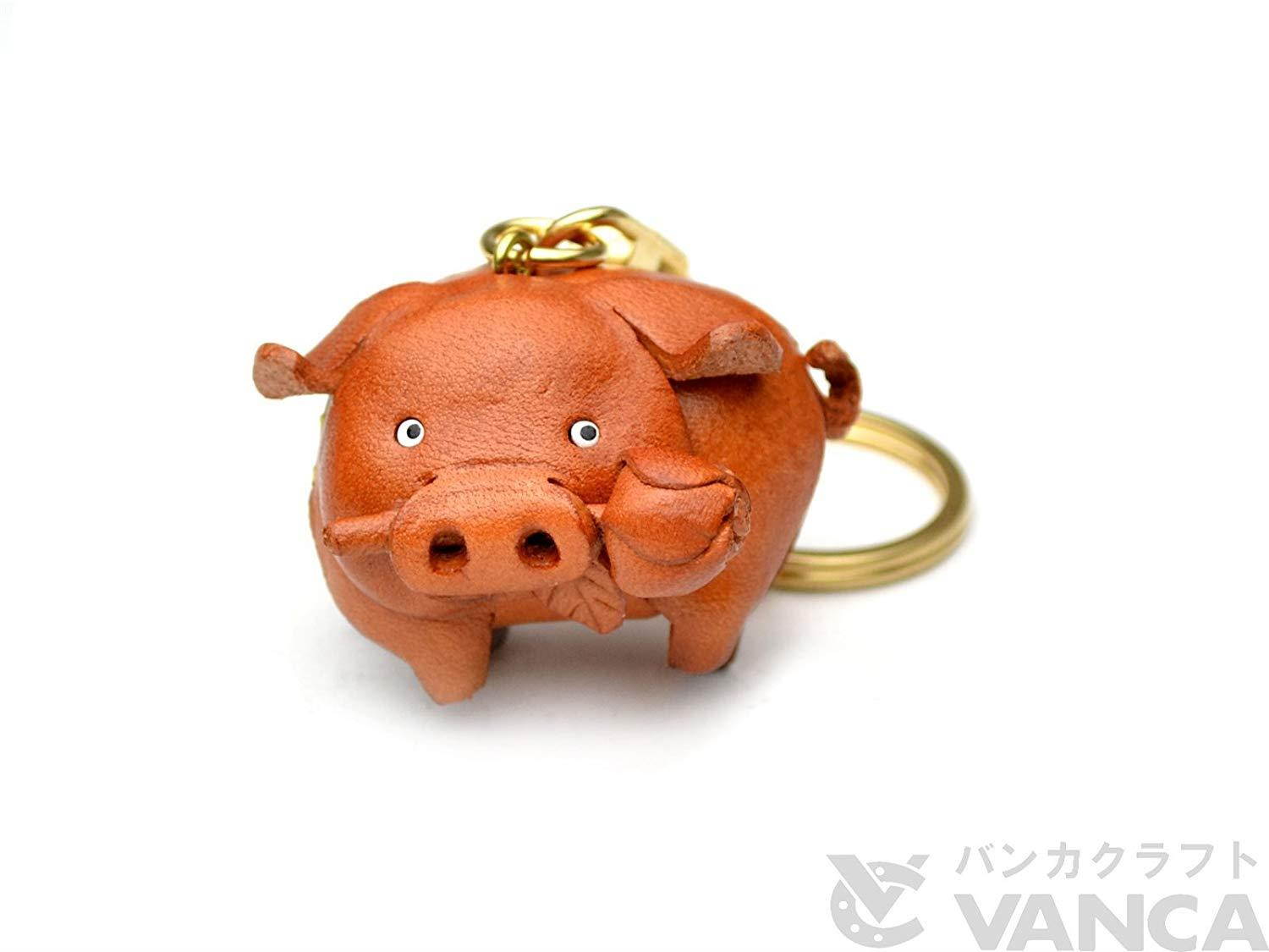 Pig Animal 3D Leather Keychain(L) VANCA CRAFT-Collectible Keyring Charm Pendant Made in Japan