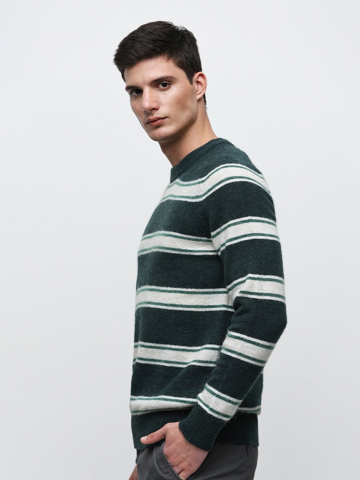 SELECTED HOMME Green & White Regular Fit Striped Sweater