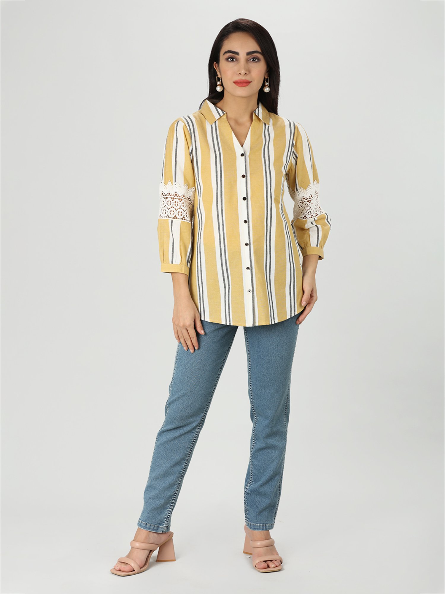 Mustard Yellow & White Cotton Striped Shirt