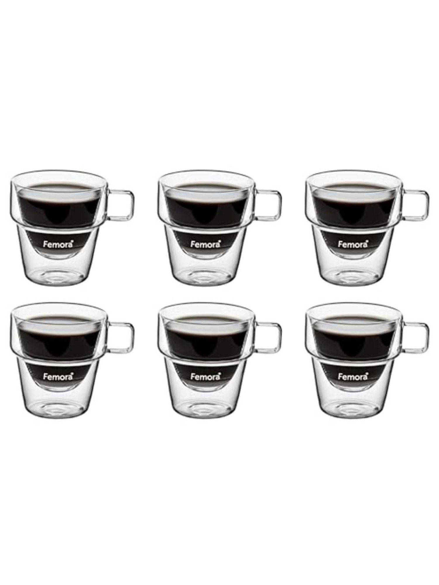 Femora Double Wall Transparent Glass Heat Resistant Coffee Mugs With Handle (0.25 L) - Set of 6