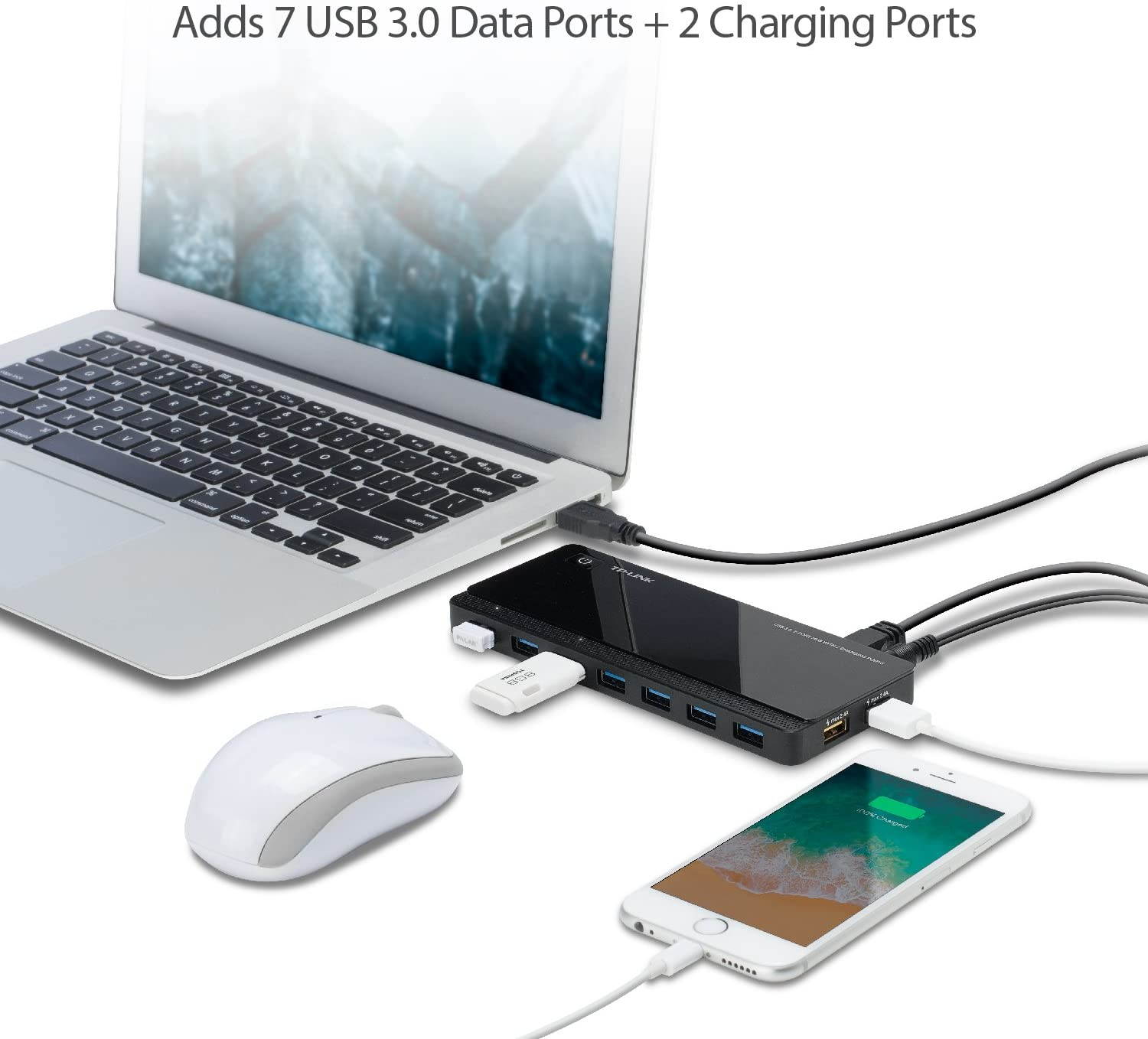 [2nd Gen]TP-Link 9-Port USB 3.0 Hub with 7 USB 3.0 Data Ports and 2 Smart Charging USB Ports. Compatible with Windows, Mac, Chrome & Linux OS, with Power On/Off Button (UH720)
