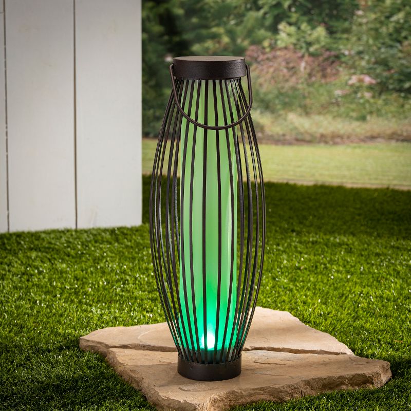 Garden Meadow 21-Inch High Solar-Powered Metal Barrel Lights with Handles, Set of 2