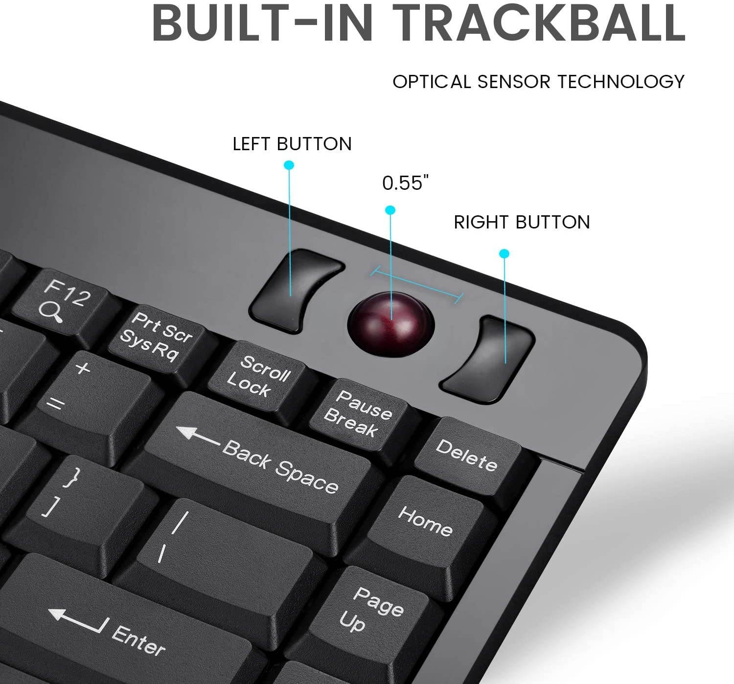 Perixx Periboard-706 Wireless Trackball Mini Keyboard, Build-in 0.55 Inch Trackball for Pointing Feature, Black, US English Layout (10532)
