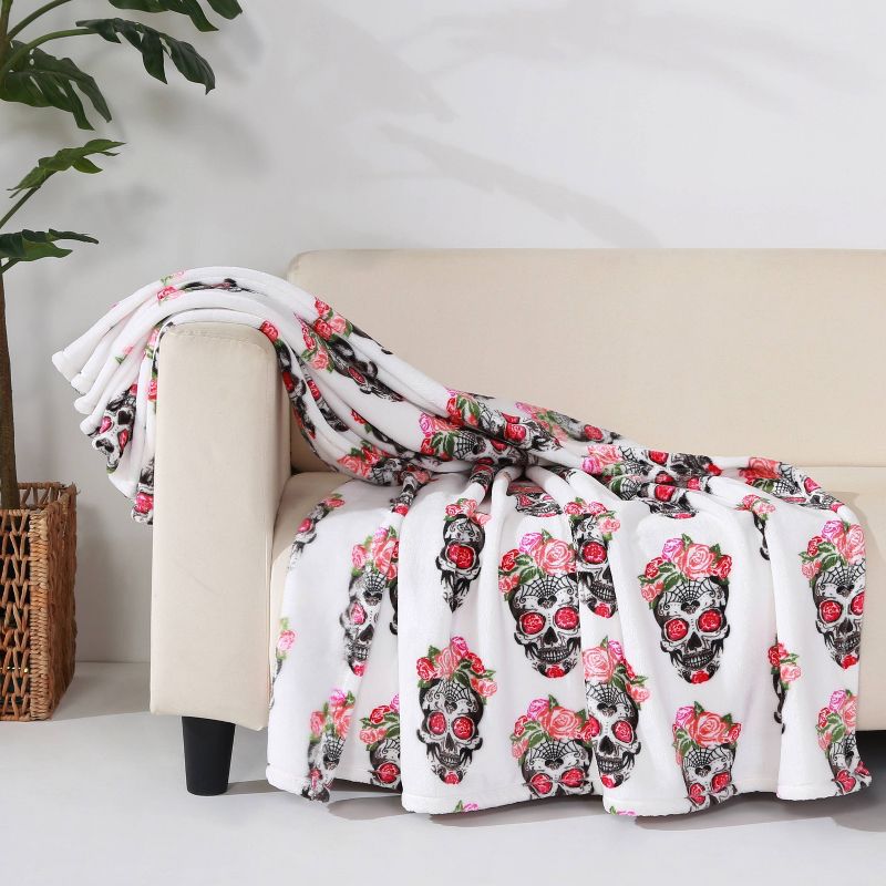 50"x60" Fancy Sugar Skulls Printed Halloween Throw Blanket White - Better Living
