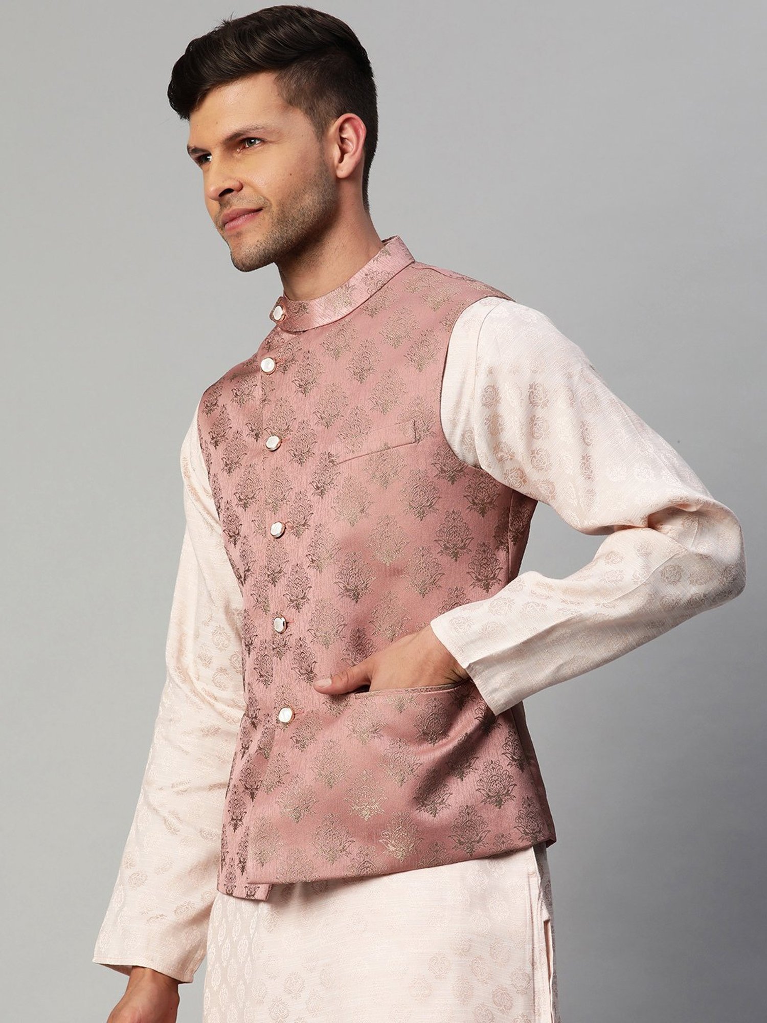 ManQ Dusty Pink Slim Fit Nehru Jacket