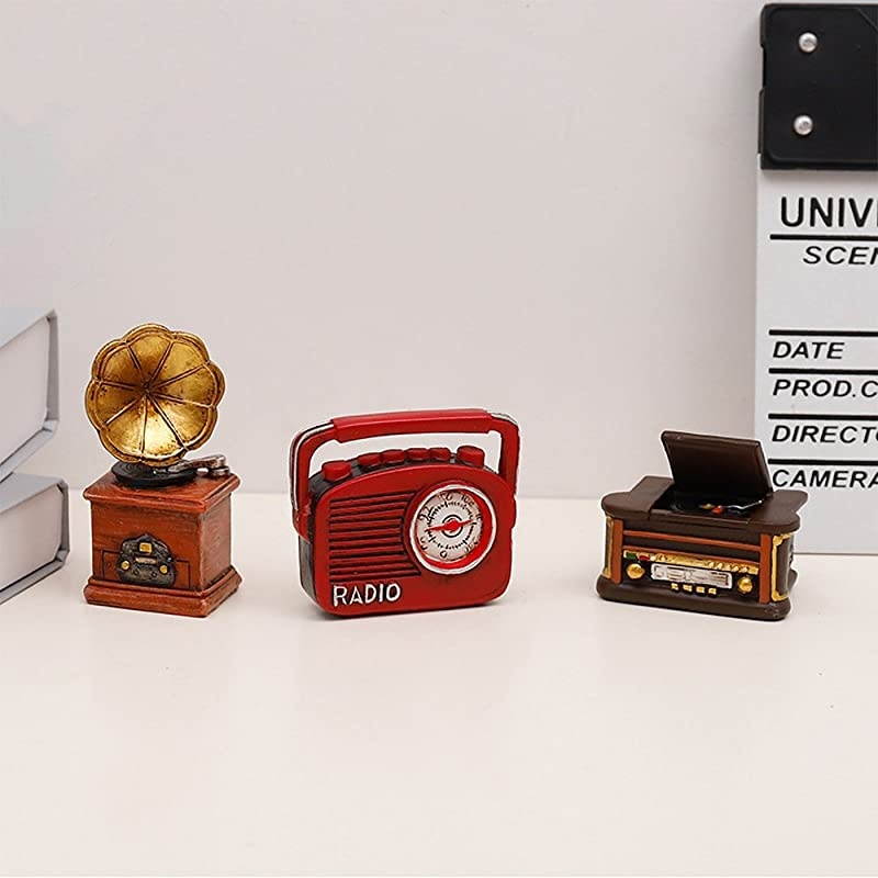 of 7 Creative Retro European Resin Figurin for Home Cafe Bar Window Decoration Children Toys and Gift (Incluing Telephones Typewriter Camera Piano Phonograph Radio and Sound Player)