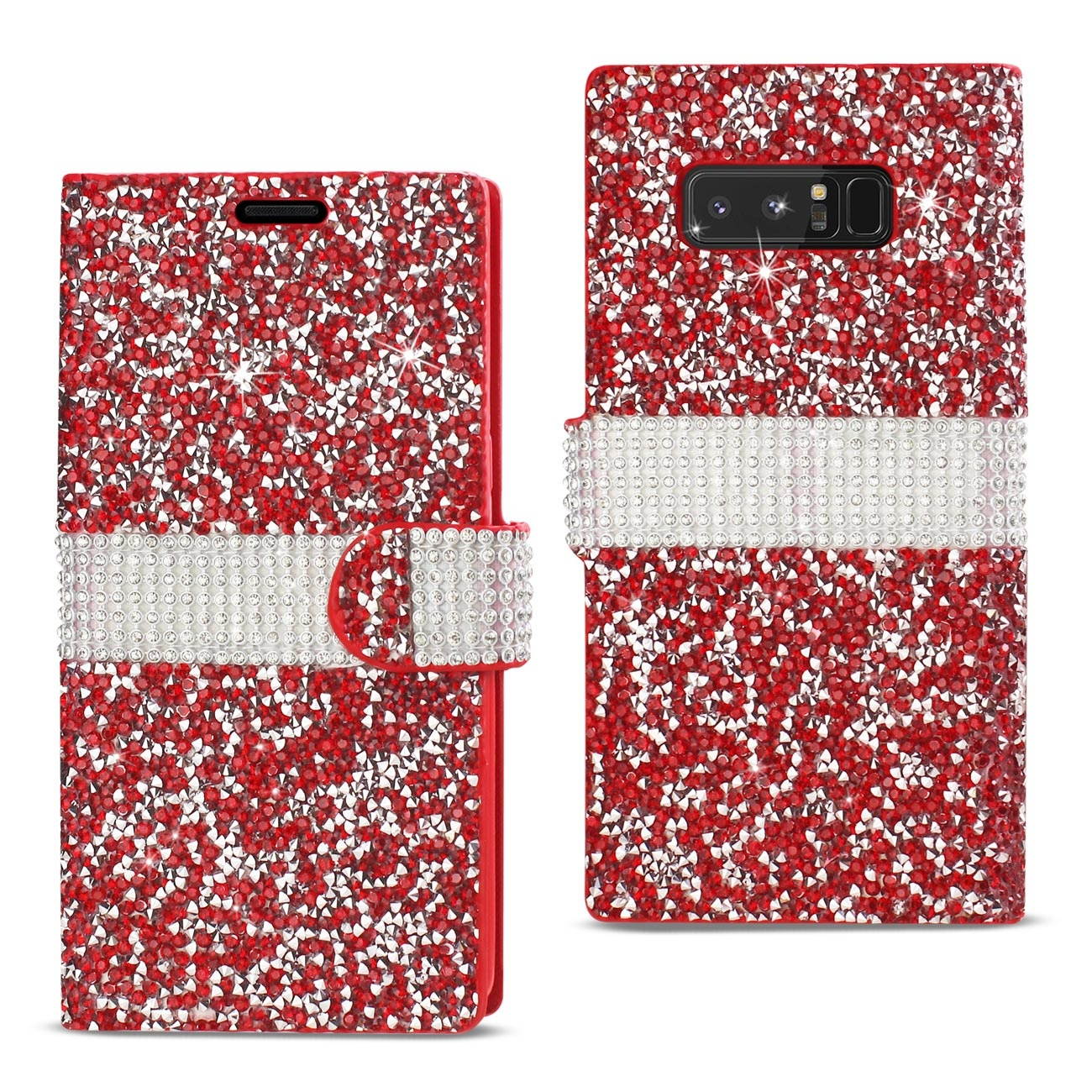 REIKO DIAMOND RHINESTONE WALLET CASE FOR SAMSUNG GALAXY NOTE 8 - RED