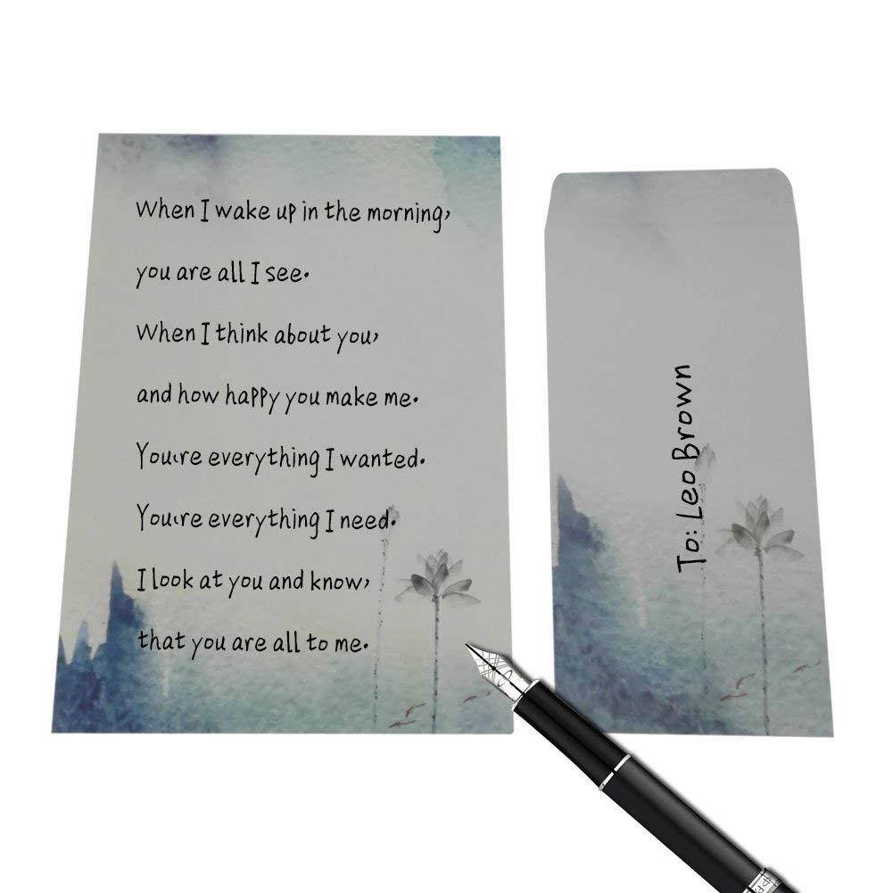 Letter Writing Stationery Paper and Envelopes Set, Ink Painting Design Assorted Color (32 Pcs Stationery Paper + 32 Pcs Envelopes)