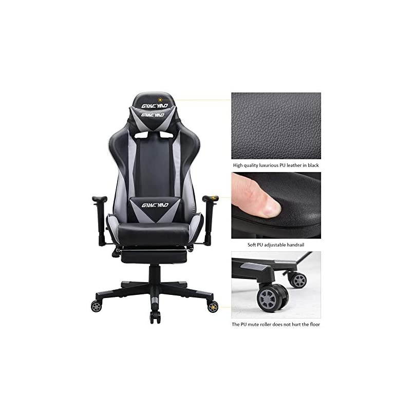 Back PU Leather Swivel Gaming Chair with Adjustable Lumbar Support Headrest Footrest Video Game Chair Racing Office Chair (Bule)