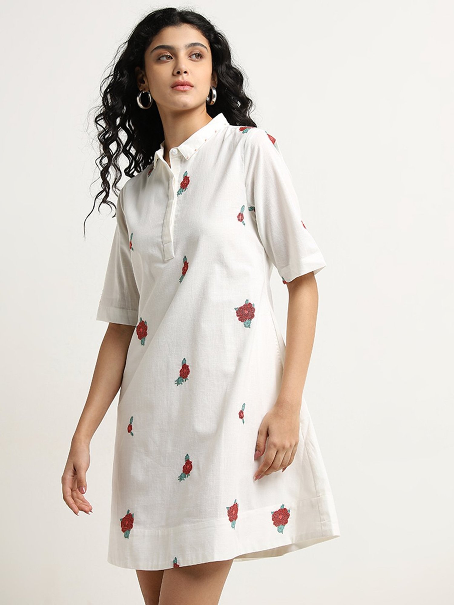 Bombay Paisley by Westside White Floral Printed Cotton Shirt Dress