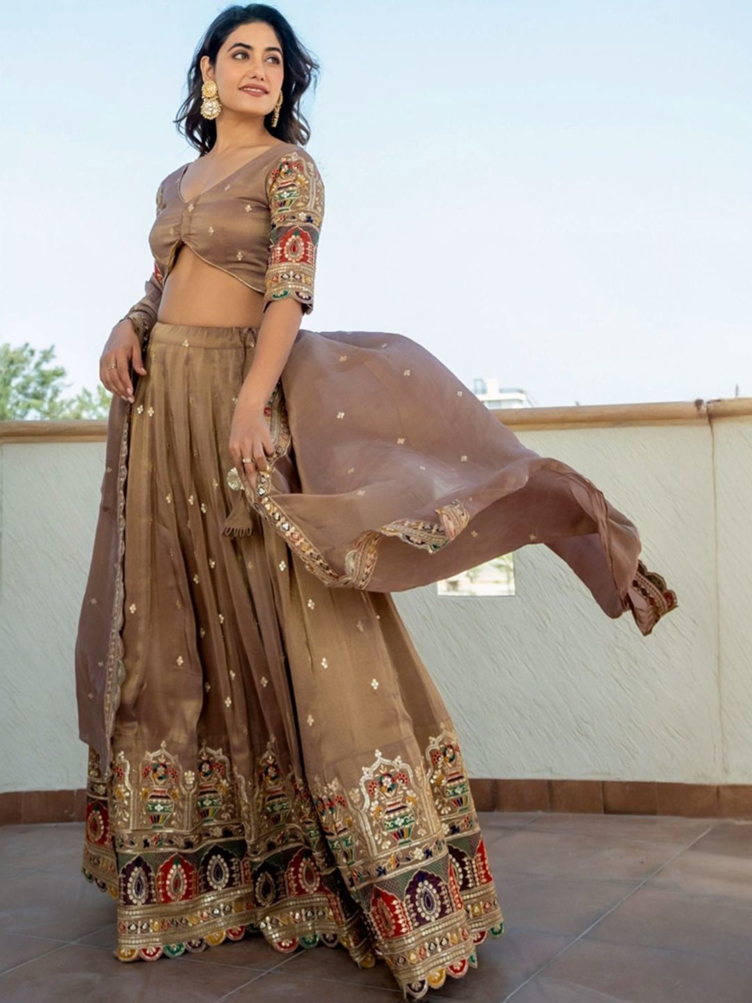 HOUSE OF JAMOTI Brown Embroidered Lehenga Choli Set With Dupatta