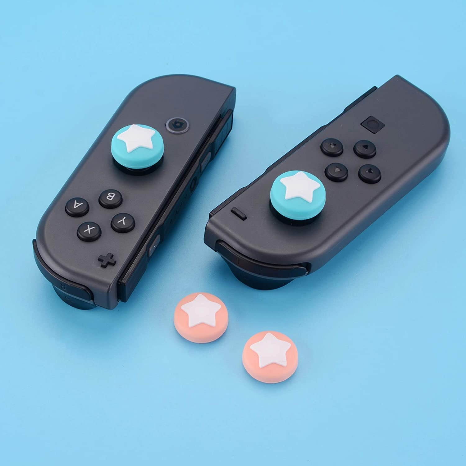 eXtremeRate PlayVital Star Design Cute Switch Thumb Grip Caps, Mandys Pink & Bondi Blue Joystick Caps for Nintendo Switch Lite, Silicone Analog Cover Thumb Stick Grips for Joy-Con Controller