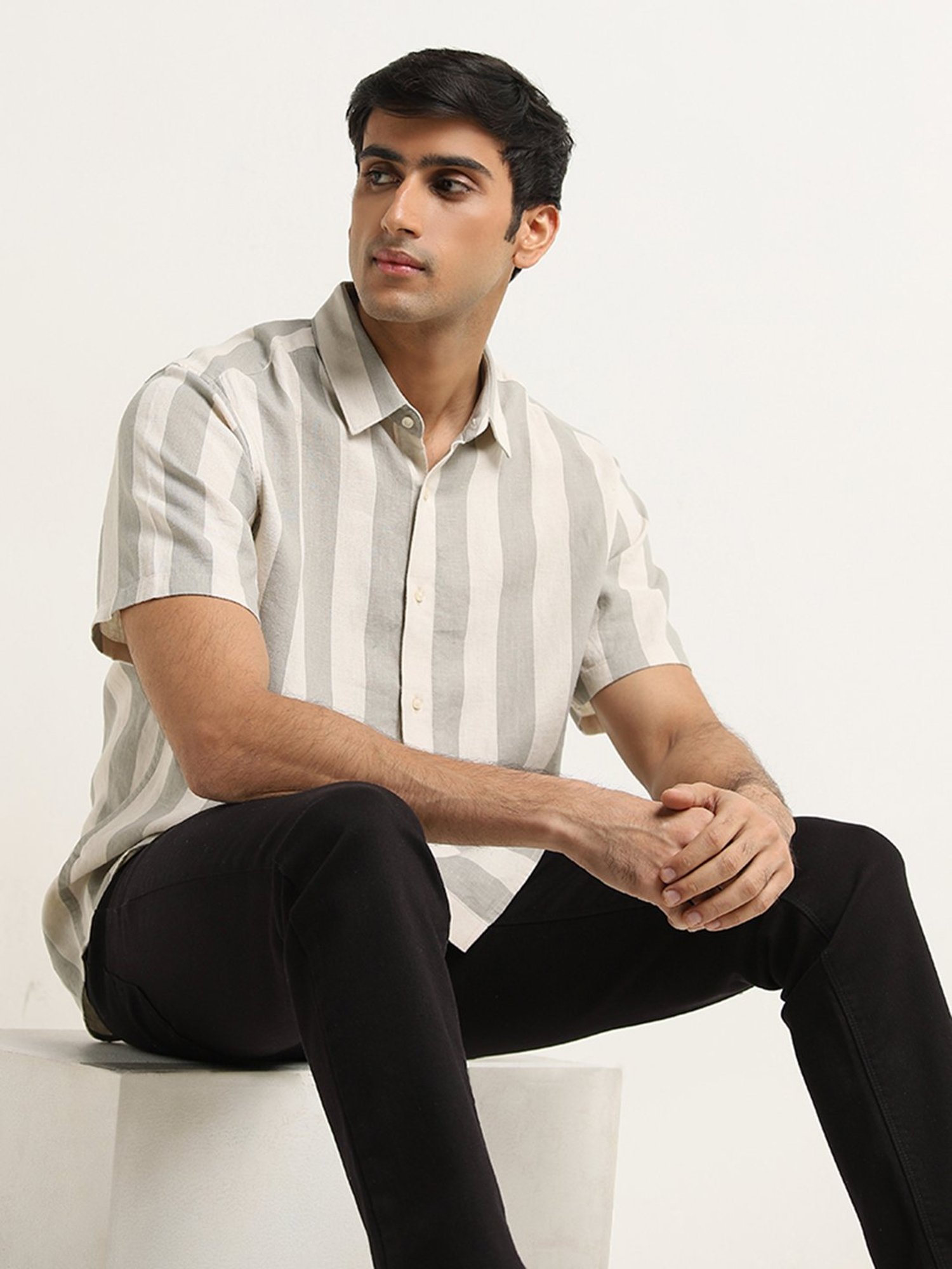 Ascot by Westside Grey Striped Blended Linen Relaxed-Fit Shirt