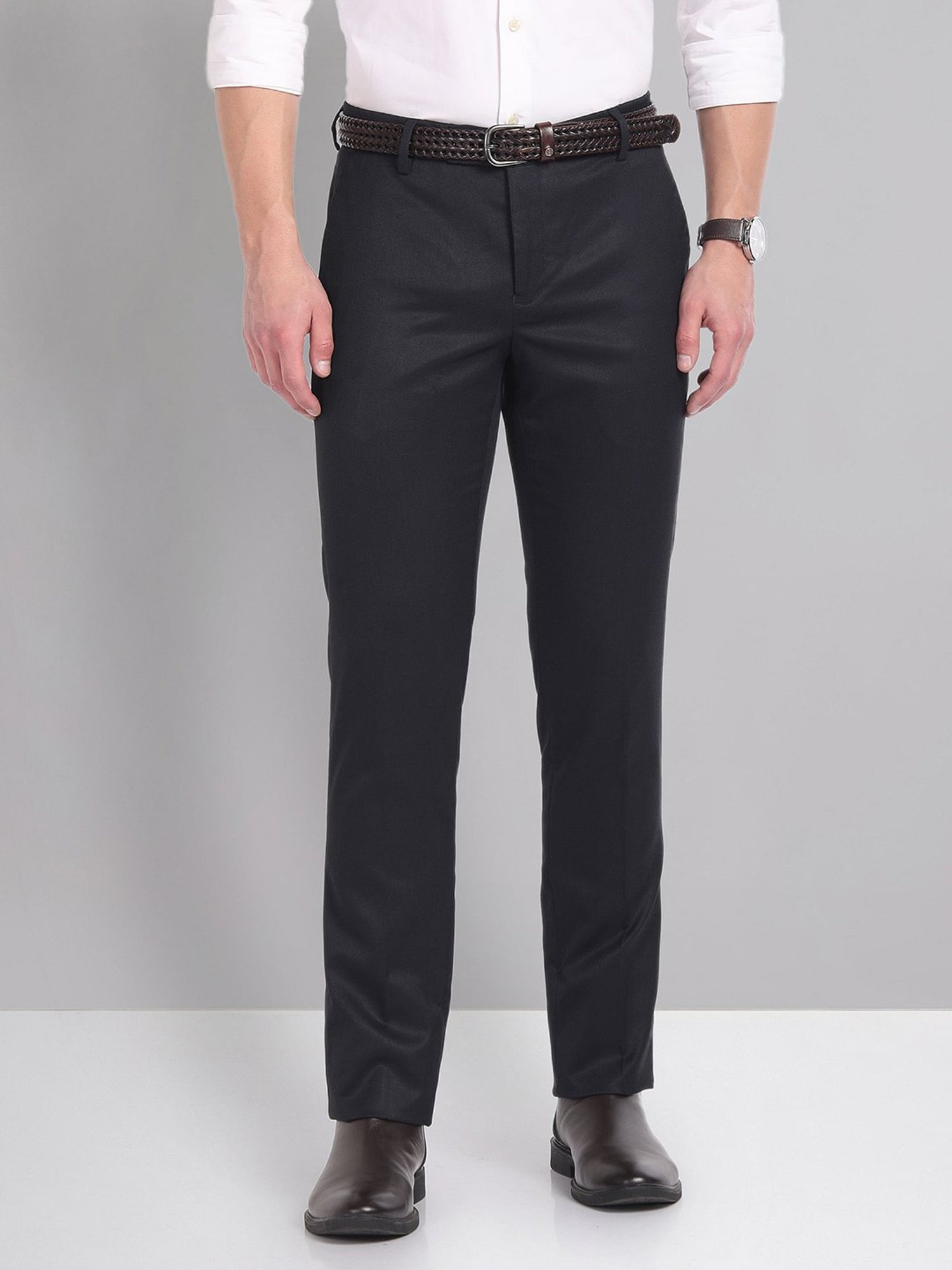 AD by Arvind Dark Blue Slim Fit Flat Front Trousers