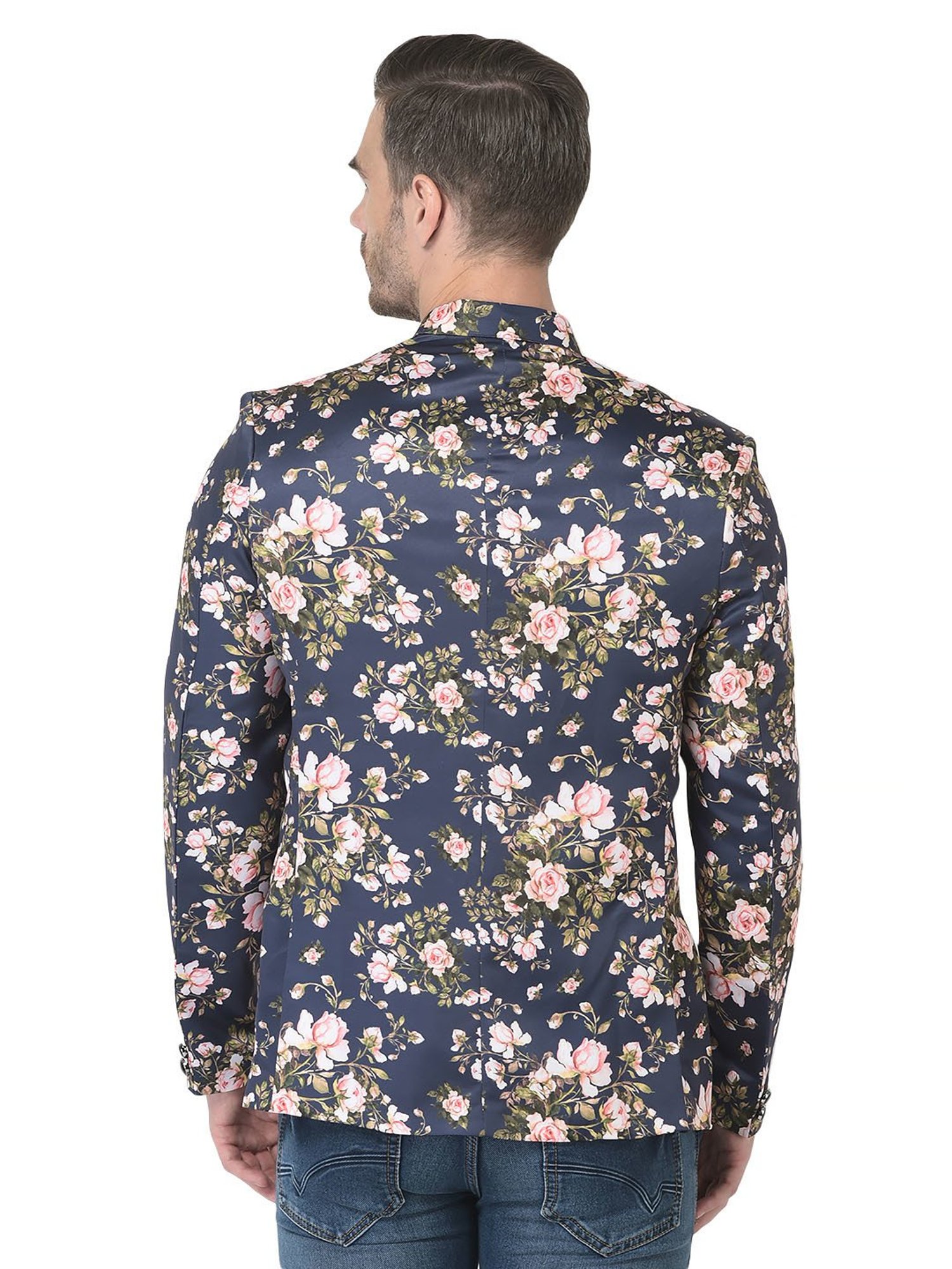 SG RAJASAHAB Navy Regular Fit Floral Print Blazer