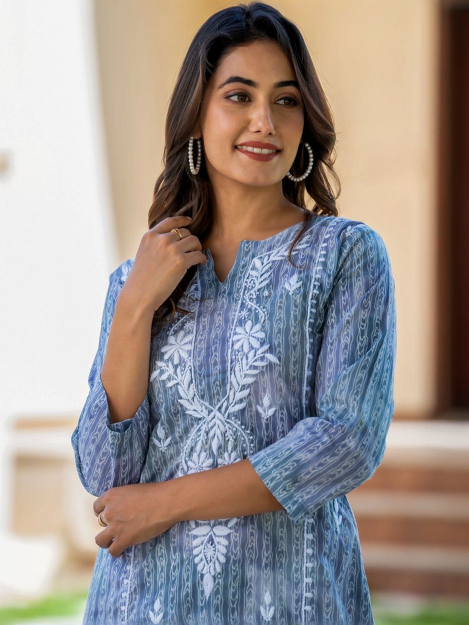 HOUSE OF JAMOTI Blue & White Cotton Embroidered Kurta Palazzo Set