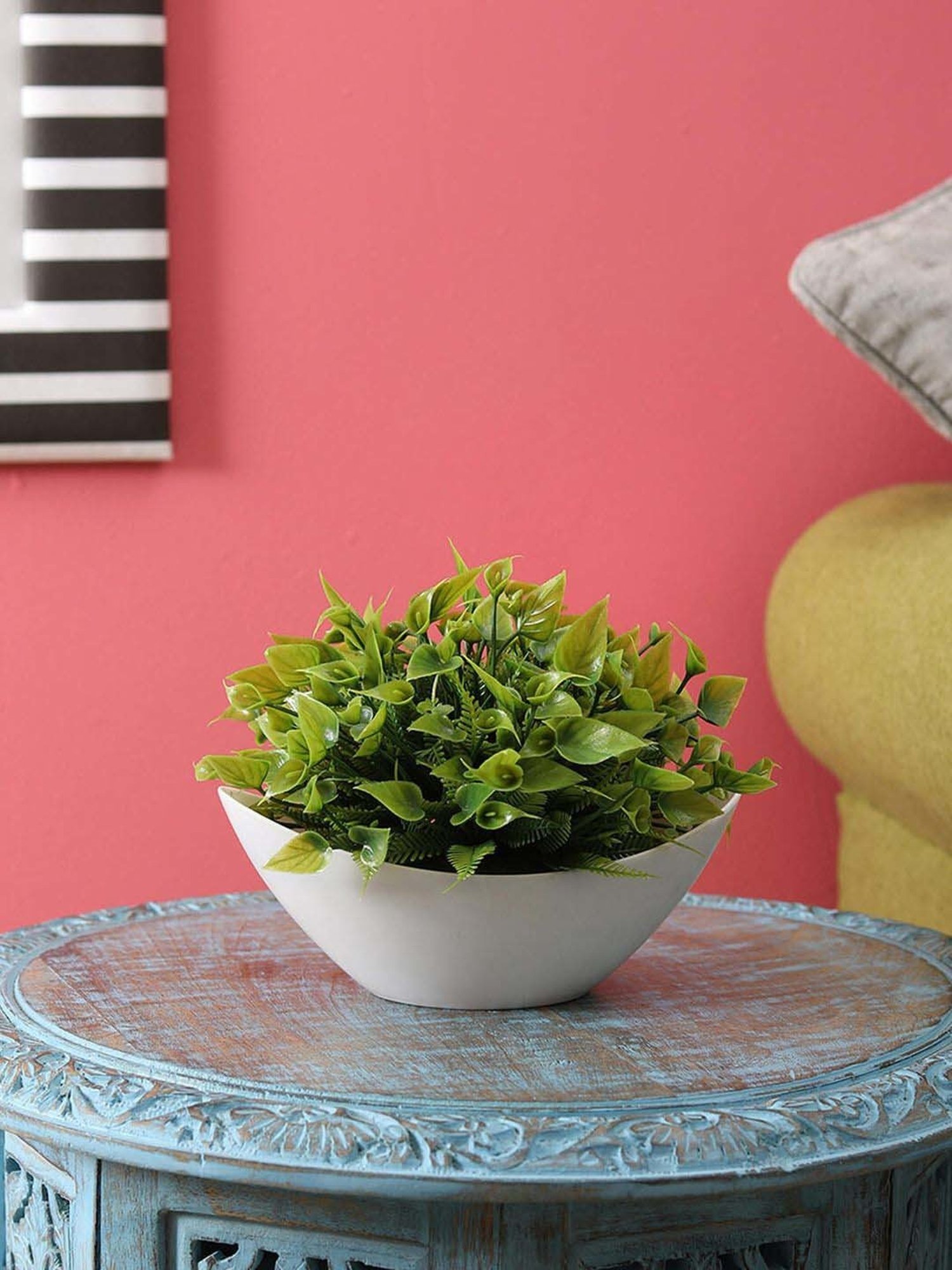 Foliyaj Green & White Plastic Artificial Plant With Leaves And Flowers