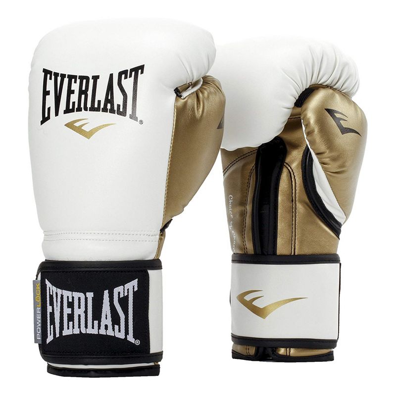 Everlast P00000722 Women's 12 Ounce Powerlock Hook and Loop Kickboxing Boxing Bag Training Gloves, White and Gold