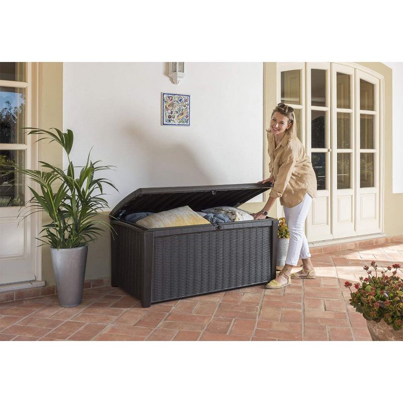 Keter Borneo Outdoor Resin Deck Storage Box Bin Organizer for Patio Furniture, Cushions, and Pool Toys with Wicker/Rattan Design, 110 Gallon, Grey